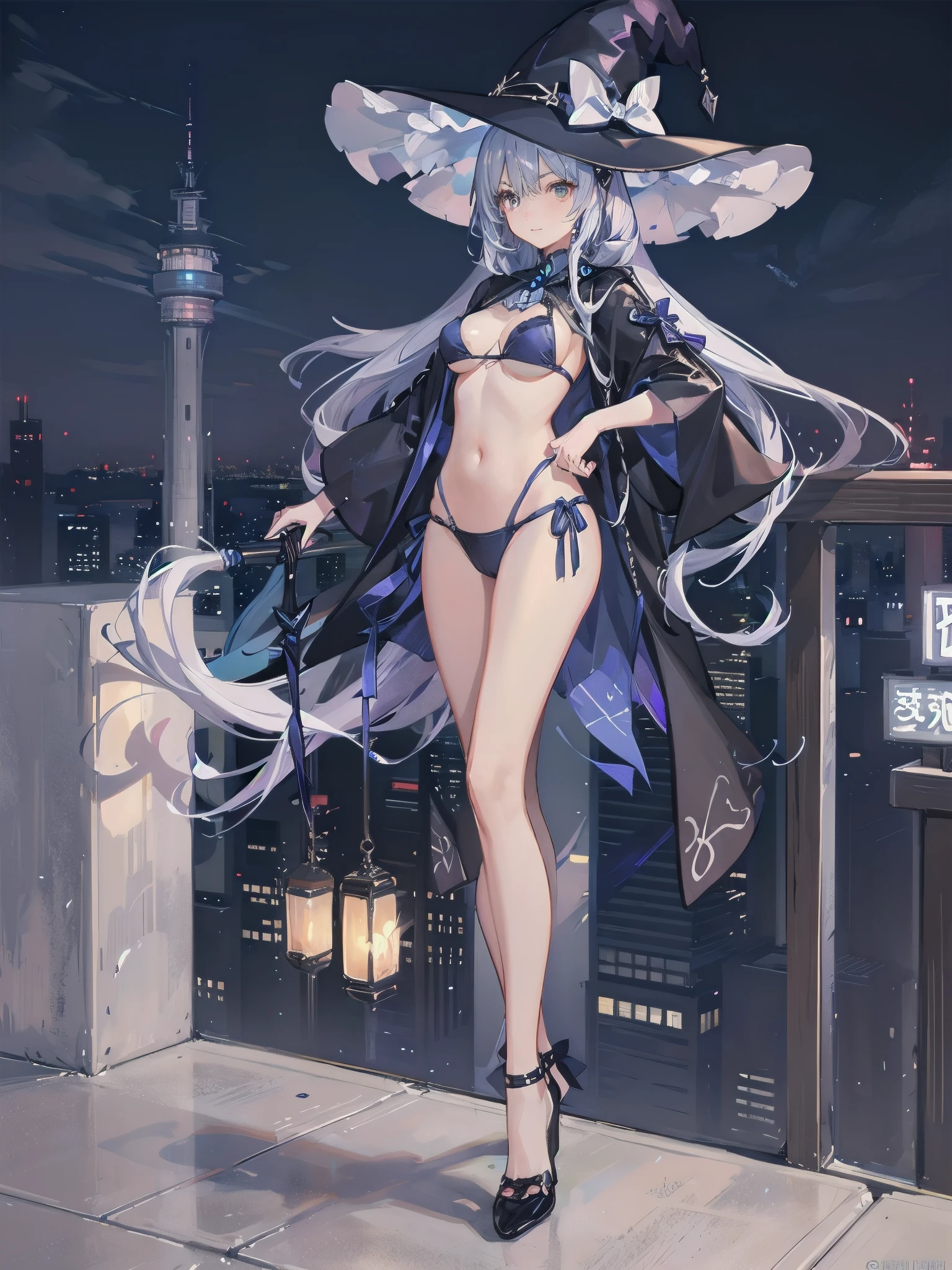 A girl stands on the rooftop of a high-rise building with a panoramic view of late-night Tokyo below.、She has a short bob with a white lob of hair and wears a large black witch hat with sapphire jewelry.、A high school student wearing a navy blue bikini-type swimsuit with a white ribbon、She wears a large witch's hat with a small sapphire accessory、A few star creams、Beautiful starry sky、Beautiful night view、large witch's hat 、Navy blue bikini pants that dig into your stomach、Small breasts、Small breasts、Navy blue swimsuit top with white frills、I see my stomach、The area around the stomach is bare skin.、Belly button、Halterneck bikini、She is wearing hot pants.I have a gun with a scope。A black long-barreled rifle