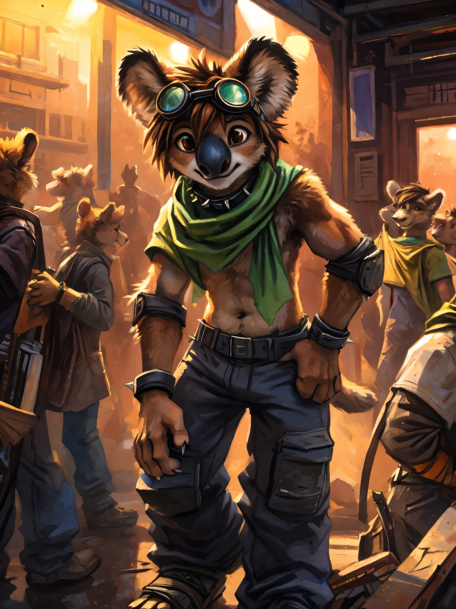 teen Furry, furry, teenager, koala, spiked brown hair only on head, collar, brown eyes, goggles, baggy pants, green scarf, elbow pads, knee pads, masterpiece, No muscles, Detailed hands, detailed face, detailed eyes, detailed body, Flat body, Skinny, claws, high resolution, metal cuffs on wrists, metal cuffs on ankles, no shirt, no underwear, sleepy, crowded nightclub, art by kenket