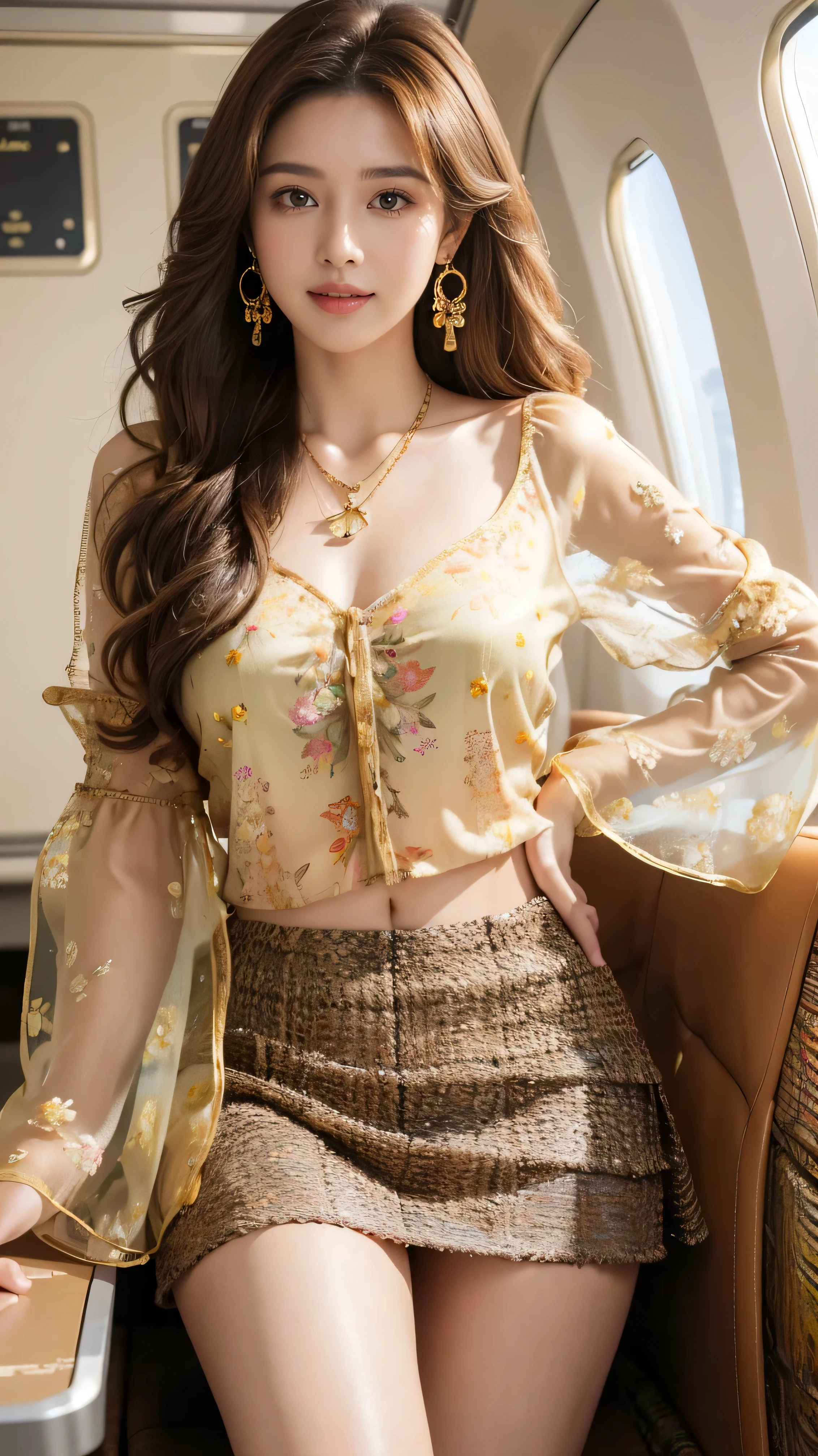 highest quality,masterpiece,Ultra-high resolution,(Actual:1.4),Original photo,Ultra-high resolution,8k,There are women,Fair skin,Exquisite makeup,stewardess uniform,flight attendant uniform,flear miniskirt,white shirt,silk scarf,inside the airplane,High heels,Long legs,Bright and beautiful、shy smile、((Loosely inward wavy hair:1.2)),((Gold Necklace_Large earrings:1.2)),((Extra long brown hair:1.2))((wearing Floral blouse_long see-through sleeves:1.3))、((wearing Brown tweed mini skirt:1.3)),