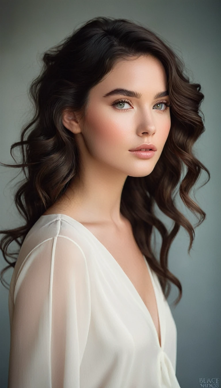 The image captures a moment of quiet elegance, featuring a young woman with a gentle expression. Her hair, styled in loose waves, frames her face beautifully. The soft lighting accentuates her features, highlighting her eyes, which are adorned with subtle makeup. The blush on her cheeks adds a touch of warmth to her complexion. She is wearing a simple white top, which contrasts with her dark hair and complements her overall look. The background is a soft, neutral tone, allowing the focus to remain on her. The composition of the image suggests a sense of calm and sophistication.