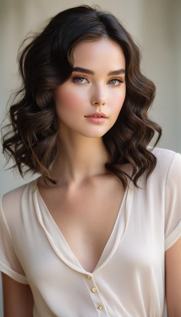 The image captures a moment of quiet elegance, featuring a young woman with a gentle expression. Her hair, styled in loose waves, frames her face beautifully. The soft lighting accentuates her features, highlighting her eyes, which are adorned with subtle makeup. The blush on her cheeks adds a touch of warmth to her complexion. She is wearing a simple white top, which contrasts with her dark hair and complements her overall look. The background is a soft, neutral tone, allowing the focus to remain on her. The composition of the image suggests a sense of calm and sophistication.