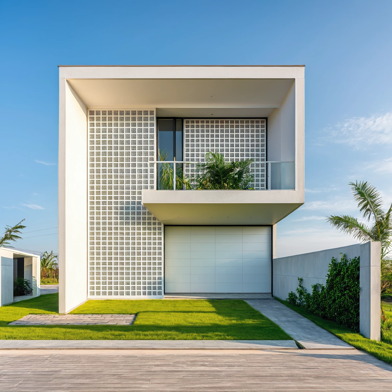 Raw photo,Masterpiece, high quality, best quality, authentic, super detail, exterior, outdoors,Tuonghoagio,house, modern stytle, on the street,wind flower wall, glass windows, white wall,gate, metal railing road,pavement, grass, trees, blue sky, (daylight:1.1), ((realistic photo))