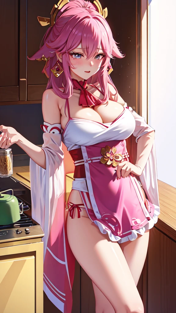 Yae Miko,furry,Bust 87,Waist 57,Thigh 86,Good resolution,kitchen,Pink bikini, maid outfit,Good light and shadow details,shade,sexy body,blushing