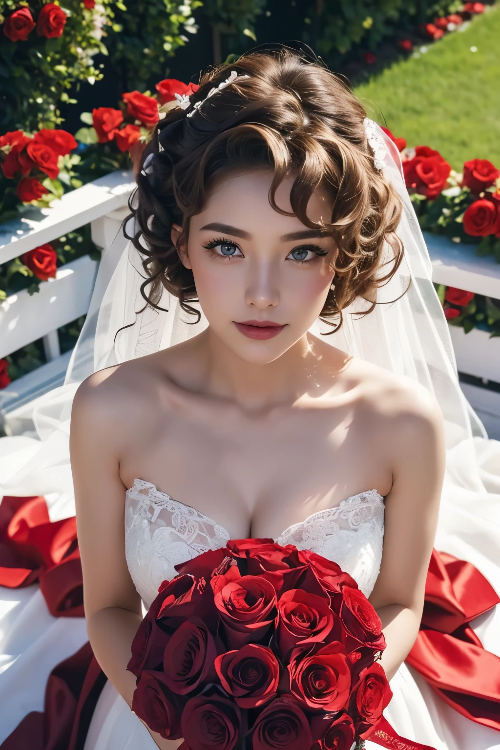 Background and model as is, Beautiful woman holding a bouquet of red roses, wearing a wedding dress, magazine pose, rose fence, (from above), (Perm Hair Curly:1.5)