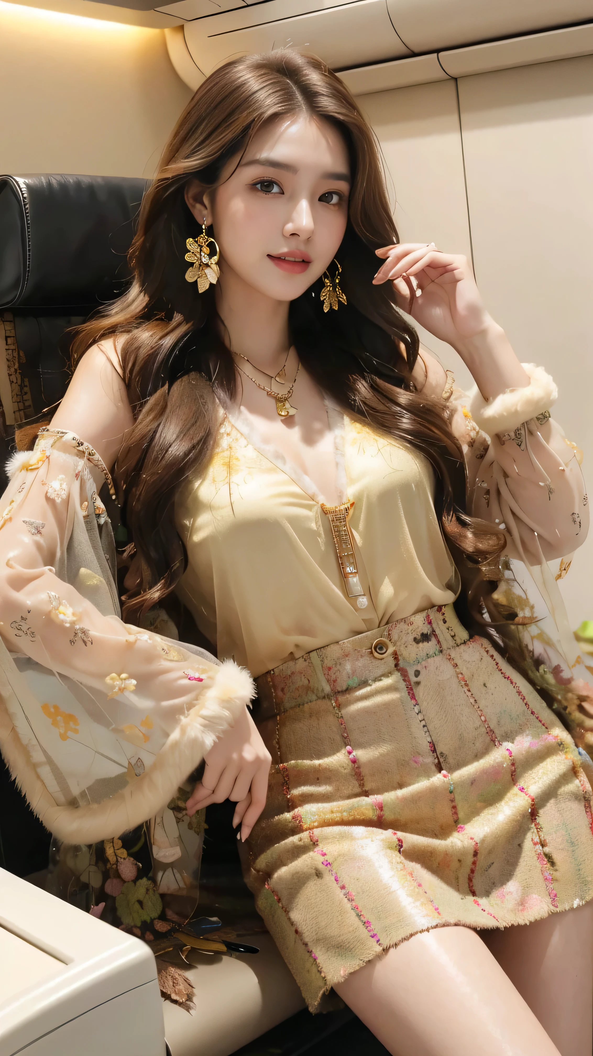 highest quality,masterpiece,Ultra-high resolution,(Actual:1.4),Original photo,Ultra-high resolution,8k,There are women,Fair skin,Exquisite makeup,stewardess uniform,flight attendant uniform,flear miniskirt,white shirt,silk scarf,inside the airplane,High heels,Long legs,Bright and beautiful、shy smile、((Loosely inward wavy hair:1.2)),((Gold Necklace_Large earrings:1.2)),((Extra long brown hair:1.2))((wearing Floral blouse_long see-through sleeves:1.3))、((wearing Brown tweed mini skirt:1.3)),((wearing fur coat:1.3))、
