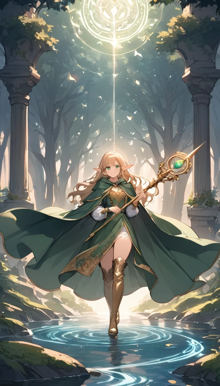 ((masterpiece)), ((best quality)), (detailed), ((high resolution)), ((Extremely detailed CG unified 8k wallpaper)), ((Fantasy)), ((Forest:1.3)), ((Elven woman cartoon character, wizard, Pointed elf ears, wavy blonde hair, green eyes, Bare Skin:1.2)), skin is wet and shiny, holding wand(Wizard's wand,long staff), holding wand in hand(Hold the wand forward,magic circle at the tip of the wand,a stream of light gathers in the wand):1.3, (green surcoat with gold embroidery))), (((green long cloak with gold embroidery))), thigh_boots, Renaissance, Baroque, (very_wide_shot)