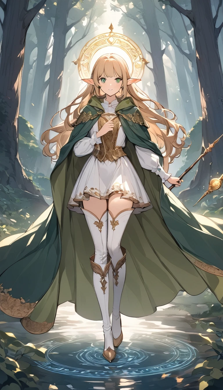((masterpiece)), ((best quality)), (detailed), ((high resolution)), ((Extremely detailed CG unified 8k wallpaper)), ((Fantasy)), ((Forest:1.3)), ((Elven woman cartoon character, wizard, Pointed elf ears, wavy blonde hair, green eyes, Bare Skin:1.2)), skin is wet and shiny, holding wand(Wizard's wand,long staff), holding wand in hand(Hold the wand forward,magic circle at the tip of the wand,a stream of light gathers in the wand):1.3, (green surcoat with gold embroidery))), (((green long cloak with gold embroidery))), thigh_boots, Renaissance, Baroque, (very_wide_shot)
