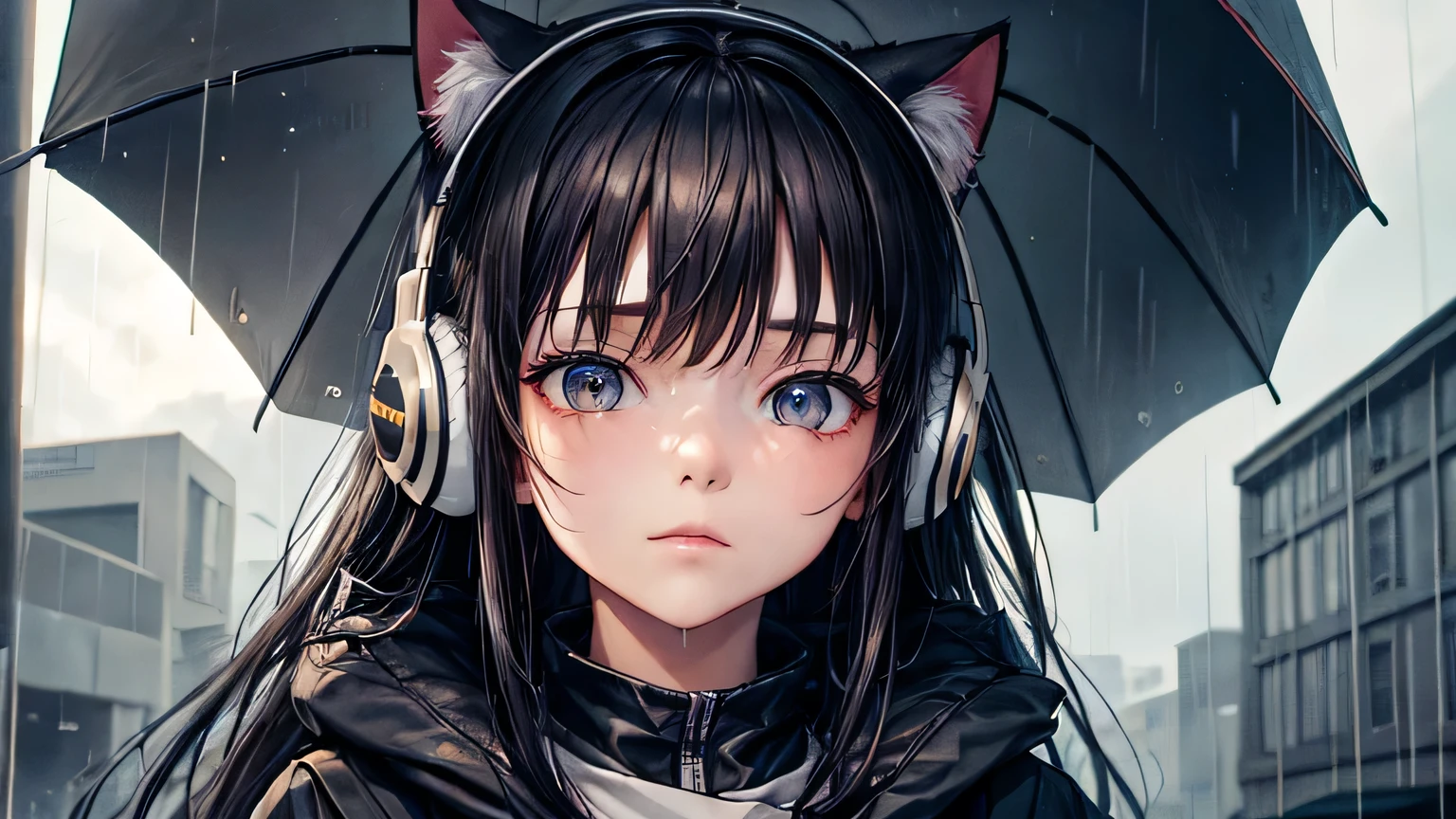 (oil, masterpiece, highest quality, Super detailed, Focus on the characters), Cat ear、10 year old girl、Face close-up、Earmuffs、Detailed facial expression depiction，Detailed hair depiction,([return:0.8]|[ face facing returnwards:1.1]), Large raincoat,(Rainy Town Scenario:1.2]|[ ground:1.3]| [High Contrast:1.1])  