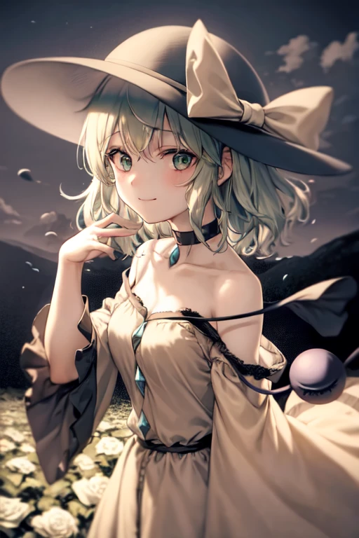masterpiece, best quality, 1girl, solo, green eyes, komeiji koishi, hat, green hair, Nail Art, flower, blue flower, blue rose, rose, detached sleeves, short hair, bare shoulders, third eye, breasts, bow, smile, petals, dress, from side, medium breasts, looking at viewer, outdoors, black headwear, long sleeves, frills, cloud, wide sleeves, hat bow, closed mouth, choker, alternate costume, sky, black dress, white bow, blush, bangs, hair between eyes, flower field, frilled sleeves, hand up, field, strapless, eyeball, white skirt, cloudy sky, hat ribbon, ribbon, strapless dress, detached collar, finger to cheek, adapted costume, standing, cowboy shot, upper body