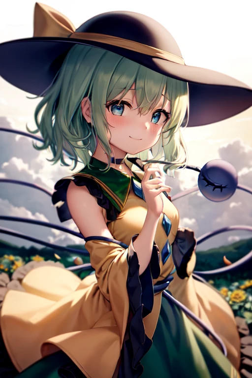 masterpiece, best quality, 1girl, solo, green eyes, komeiji koishi, hat, green hair, flower, blue flower, blue rose, rose, detached sleeves, short hair, bare shoulders, third eye, breasts, bow, smile, petals, dress, from side, medium breasts, looking at viewer, outdoors, black headwear, long sleeves, frills, cloud, wide sleeves, hat bow, closed mouth, choker, alternate costume, sky, black dress, white bow, blush, bangs, hair between eyes, flower field, frilled sleeves, hand up, field, strapless, eyeball, white skirt, cloudy sky, hat ribbon, ribbon, strapless dress, detached collar, finger to cheek, adapted costume, standing, cowboy shot, upper body