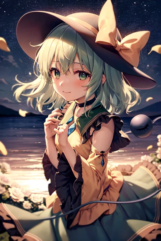 masterpiece, best quality, 1girl, solo, green eyes, komeiji koishi, hat, green hair, flower, blue flower, blue rose, rose, detached sleeves, short hair, bare shoulders, third eye, breasts, bow, smile, petals, dress, from side, medium breasts, looking at viewer, outdoors, black headwear, long sleeves, frills, cloud, wide sleeves, hat bow, closed mouth, choker, alternate costume, sky, black dress, white bow, blush, bangs, hair between eyes, flower field, frilled sleeves, hand up, field, strapless, eyeball, white skirt, cloudy sky, hat ribbon, ribbon, strapless dress, detached collar, finger to cheek, adapted costume, standing, cowboy shot, upper body
