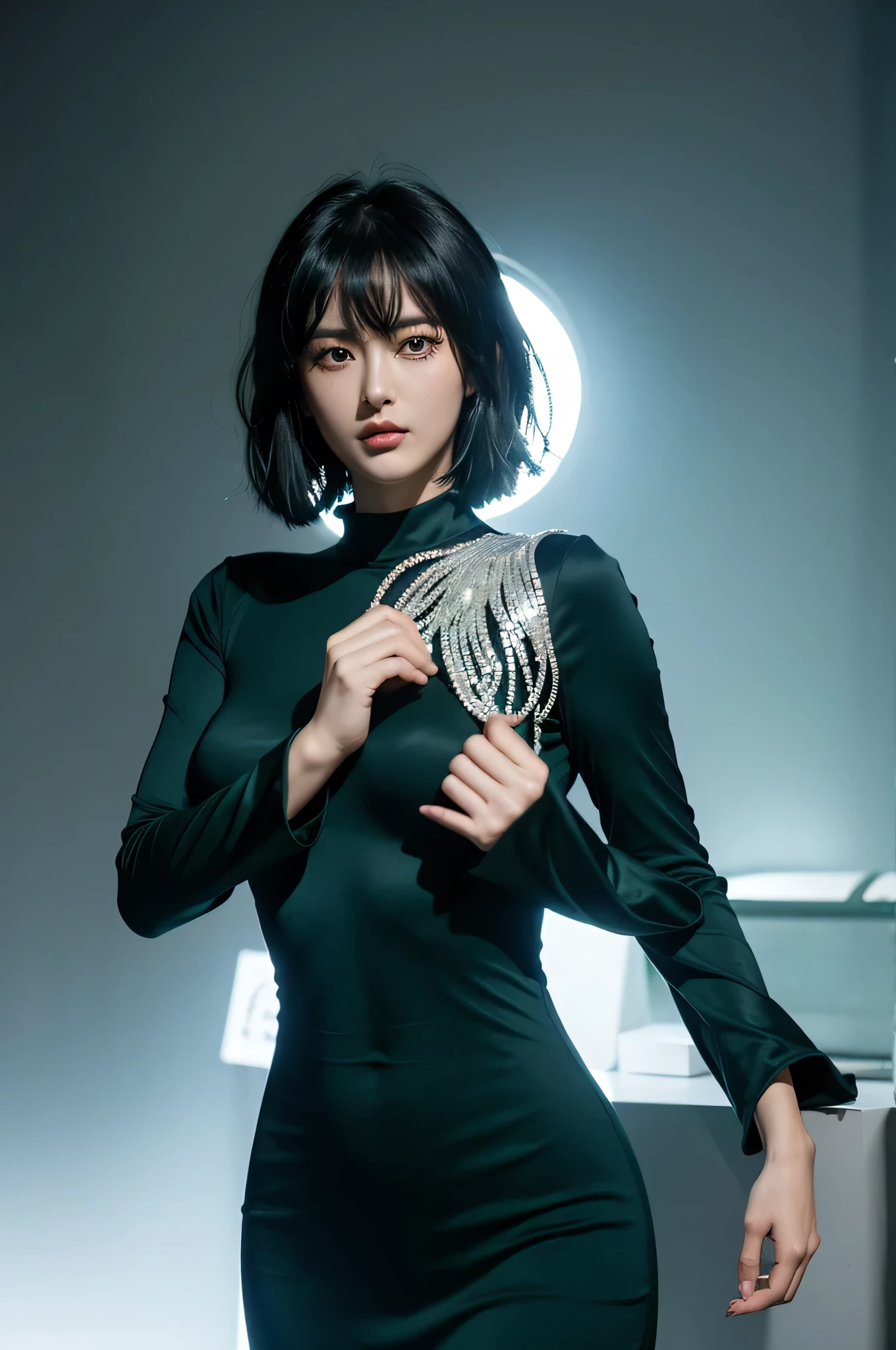 fubuki,,fubuki (One Punch Man),1 girl,big breasts、Green Long Dress,collar、long sleeve、pearl necklace、Beauty、long sleeve、collar、beautiful woman、beautiful face