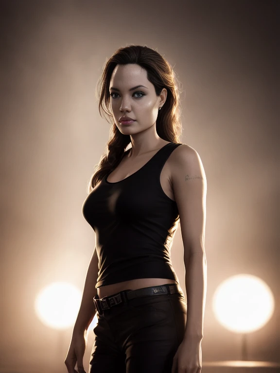 (masterpiece:1.2), (best quality,:1.2), 8k, HDR, ultra detailed, ((photorealistic)), professional light, cinematic lighting, sexy photography, ambient lighting, atmospheric effects, angl, Angelina Jolie as a Lara Croft, upper body shot, wearing tank top, magical temple, (perfect hands), epiCPhoto