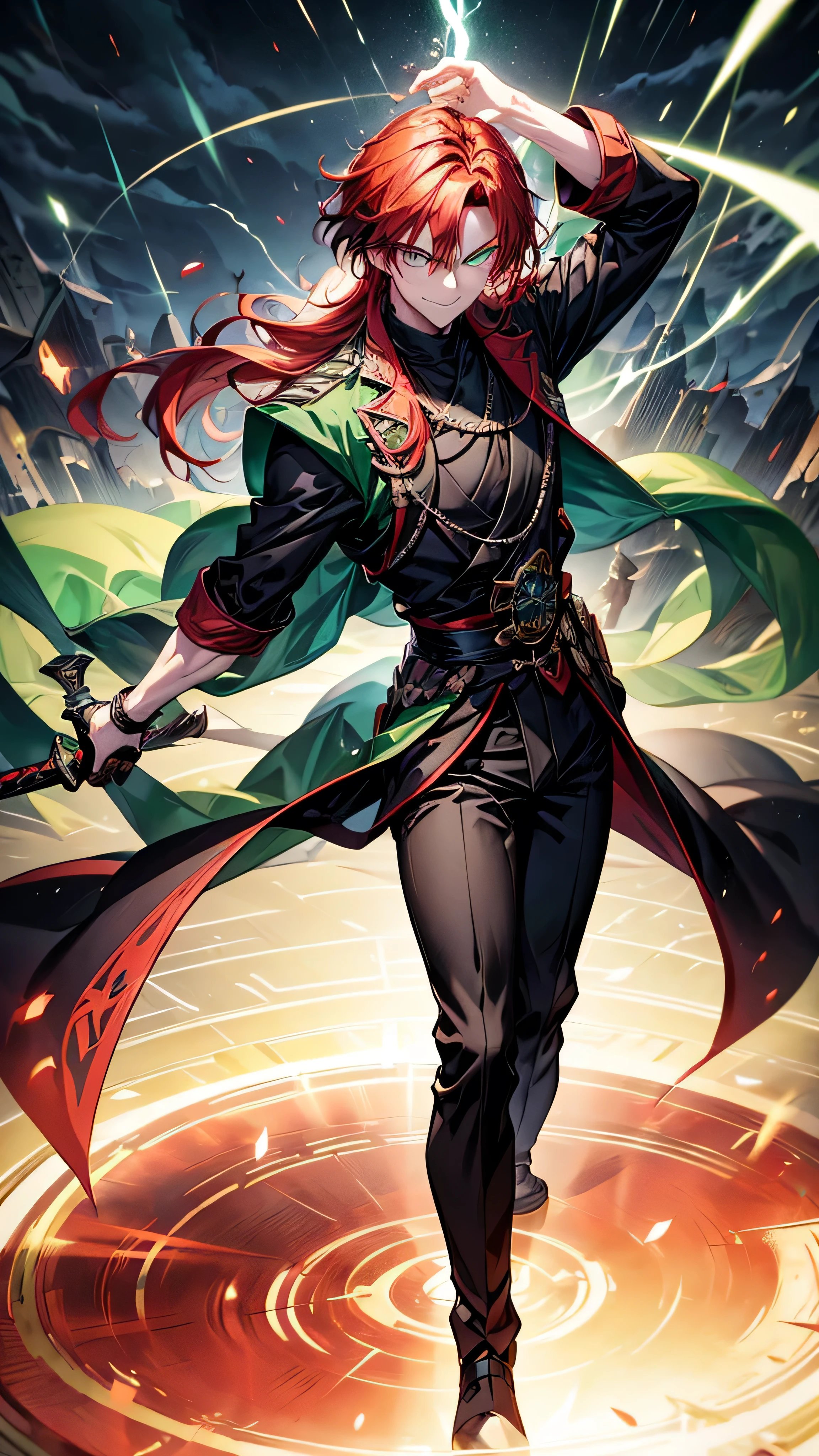 Male ninja, handsome, red hair, long red hair, green eyes, bright green eyes, black and green outfit, black pants, black robes, green shirt, green vest, holding a long sword, surrounded by lighting, green static sparks, storm background, green lightning, normal eyes, normal hands, smug look, intense look, masterpiece, best quality, black vest, black pants, looking at viewer, holding sword, smile, forest, stormy atmosphere, dynamic pose, normal hands, normal eyes