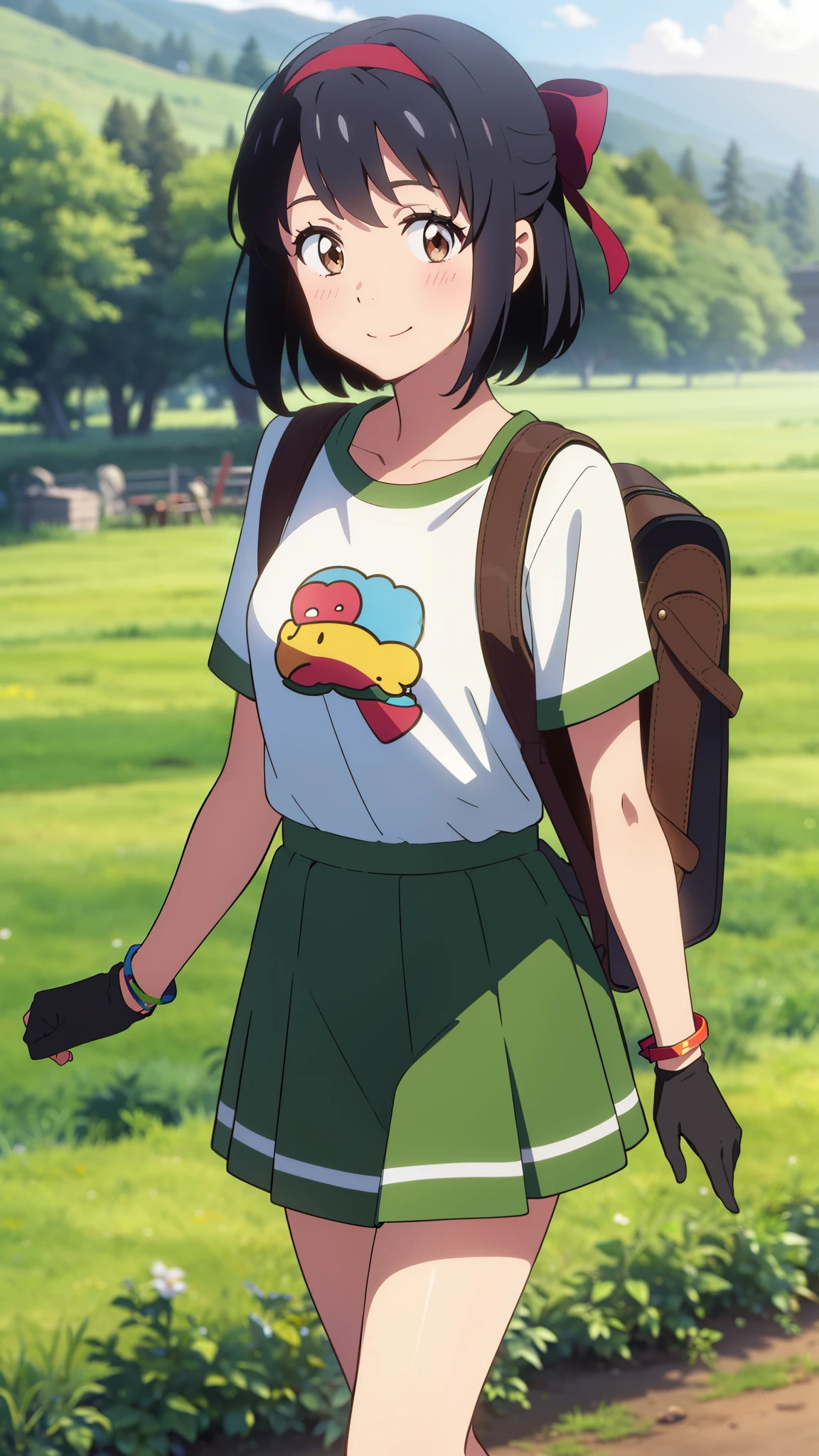 shinkai makoto, kimi no na wa., 1girl, bangs, black hair, blush, bright eyes, brown eyes, red headband, red ribbon, bracelet, short hair, cute, beautiful, shinny skin, looking at viewer, smile, cute, solo, casual shirt, t-shirt, green skirt, plaid skirt, outdoors, forest and farm background, backpack, explorer, gloves