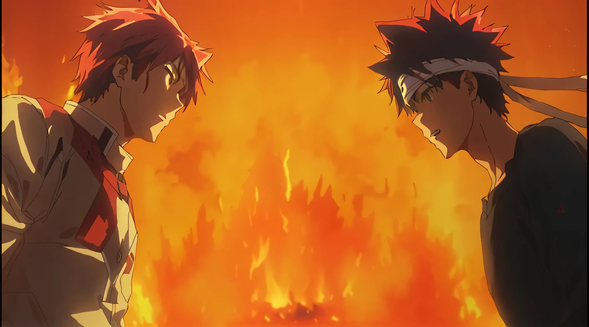 anime characters standing in front of a fire with their heads turned, anime still image, burning scene in the background, bottom angle