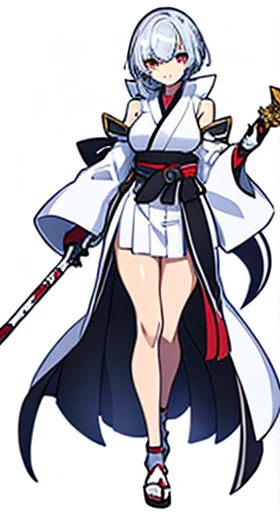 (((Best Quality))) , ((full body)), female, reference sheet, solo, (white background), holding staff, gloves,  hakama skirt,