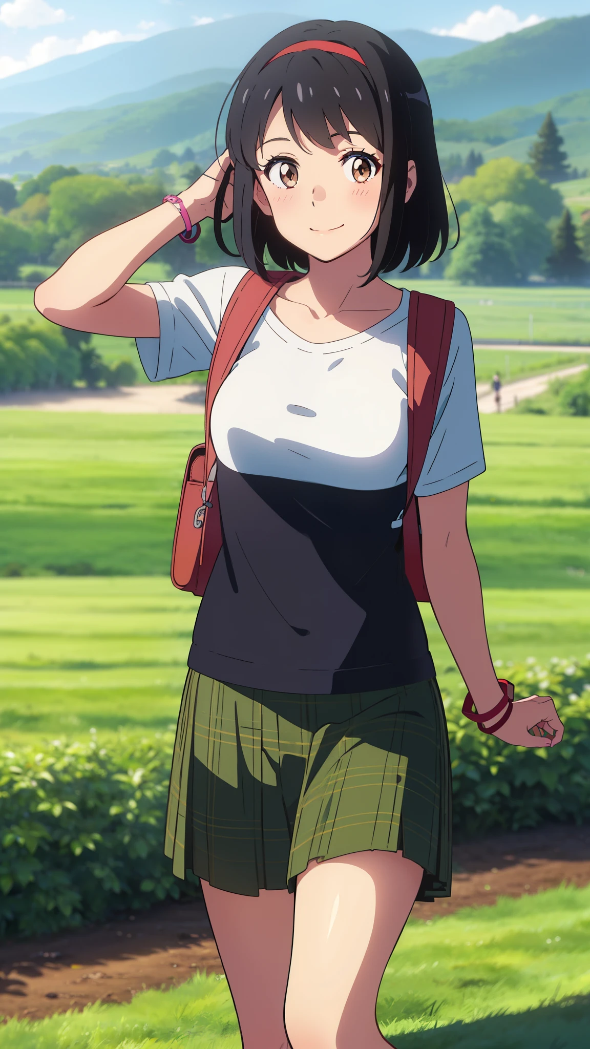 shinkai makoto, kimi no na wa., 1girl, bangs, black hair, blush, bright eyes, brown eyes, red headband, red ribbon, bracelet, short hair, cute, beautiful, shinny skin, looking at viewer, smile, cute, solo, casual shirt, t-shirt, green skirt, plaid skirt, outdoors, forest and farm background, backpack, explorer, gloves