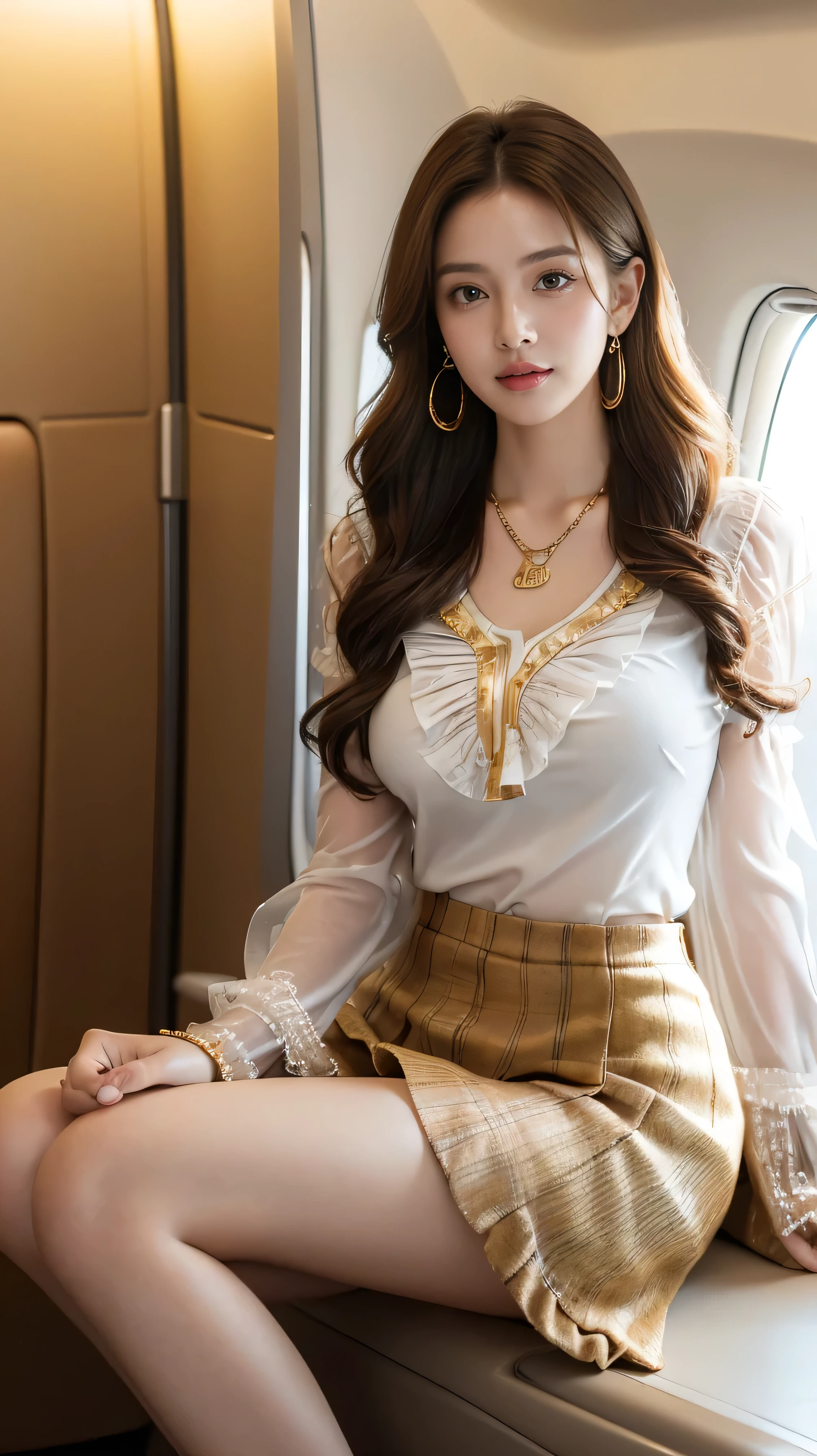 highest quality,masterpiece,Ultra-high resolution,(Actual:1.4),Original photo,Ultra-high resolution,8k,There are women,Fair skin,Exquisite makeup,stewardess uniform,flight attendant uniform,flear miniskirt,white shirt,silk scarf,inside the airplane,High heels,Long legs,Bright and beautiful、shy smile、((Loosely inward wavy hair:1.2)),((Gold Necklace_Large earrings:1.2)),((Extra long brown hair:1.2))((wearing frilled white shirt_long see-through sleeves:1.3))((wearing brown tartan check miniskirt:1.3)),