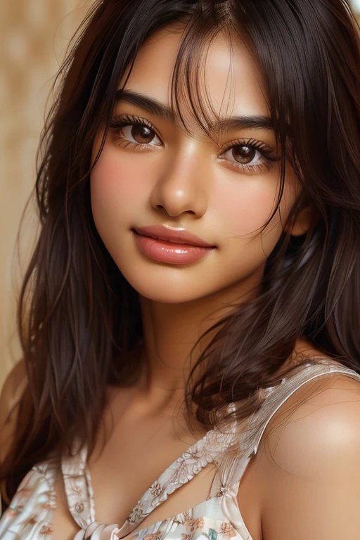 Beautiful ,18 years young cute Indian girl healthy, smiling ,8k,realistic, raw photo,dark black hair long hair ,fair skin, indian,clear facial features,, very detailed, 18years old, innocent face, natural straight, high resolution, masterpiece, best quality, intricate details, highly detailed, sharp focus, detailed skin, realistic skin texture, texture, detailed eyes, professional, 4k, charming smile, shot on Canon, 85mm, shallow depth of field, kodak vision color, perfect fit body, extremely detailed, foto_\(ultra\), photorealistic, realistic, post-processing, maximum detail, roughness, real life, ultra realistic, photorealism, photography, 8k uhd, photography wearing bule floral dress, hair woven with bow, chubby face