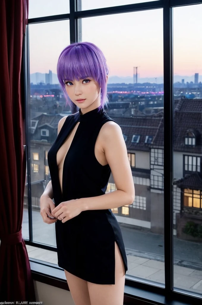 AYANE, purple hair, (melhor qualidade,ultra-detalhado,Realista:1.37), lindo rosto detalhado,Simetria perfeita,corpo perfeitamente modelado,Maquiagem perfeita,cores vivas,studio lighting