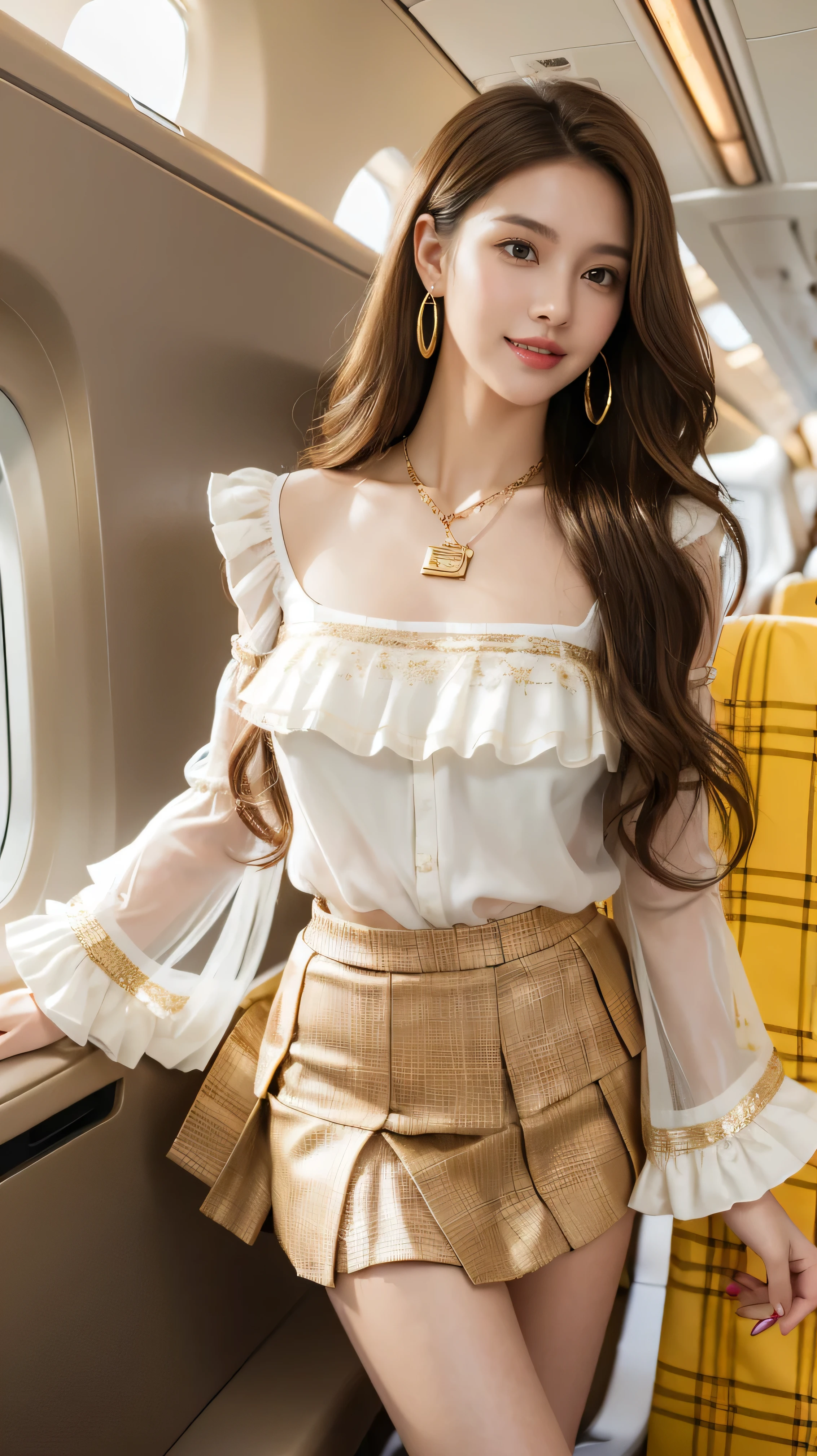 highest quality,masterpiece,Ultra-high resolution,(Actual:1.4),Original photo,Ultra-high resolution,8k,There are women,Fair skin,Exquisite makeup,stewardess uniform,flight attendant uniform,flear miniskirt,white shirt,silk scarf,inside the airplane,High heels,Long legs,Bright and beautiful、shy smile、((Loosely inward wavy hair:1.2)),((Gold Necklace_Large earrings:1.2)),((Extra long brown hair:1.2))((wearing brown tartan check miniskirt:1.3)),((wearing white ruffle blouse_long see-through sleeves:1.3)),