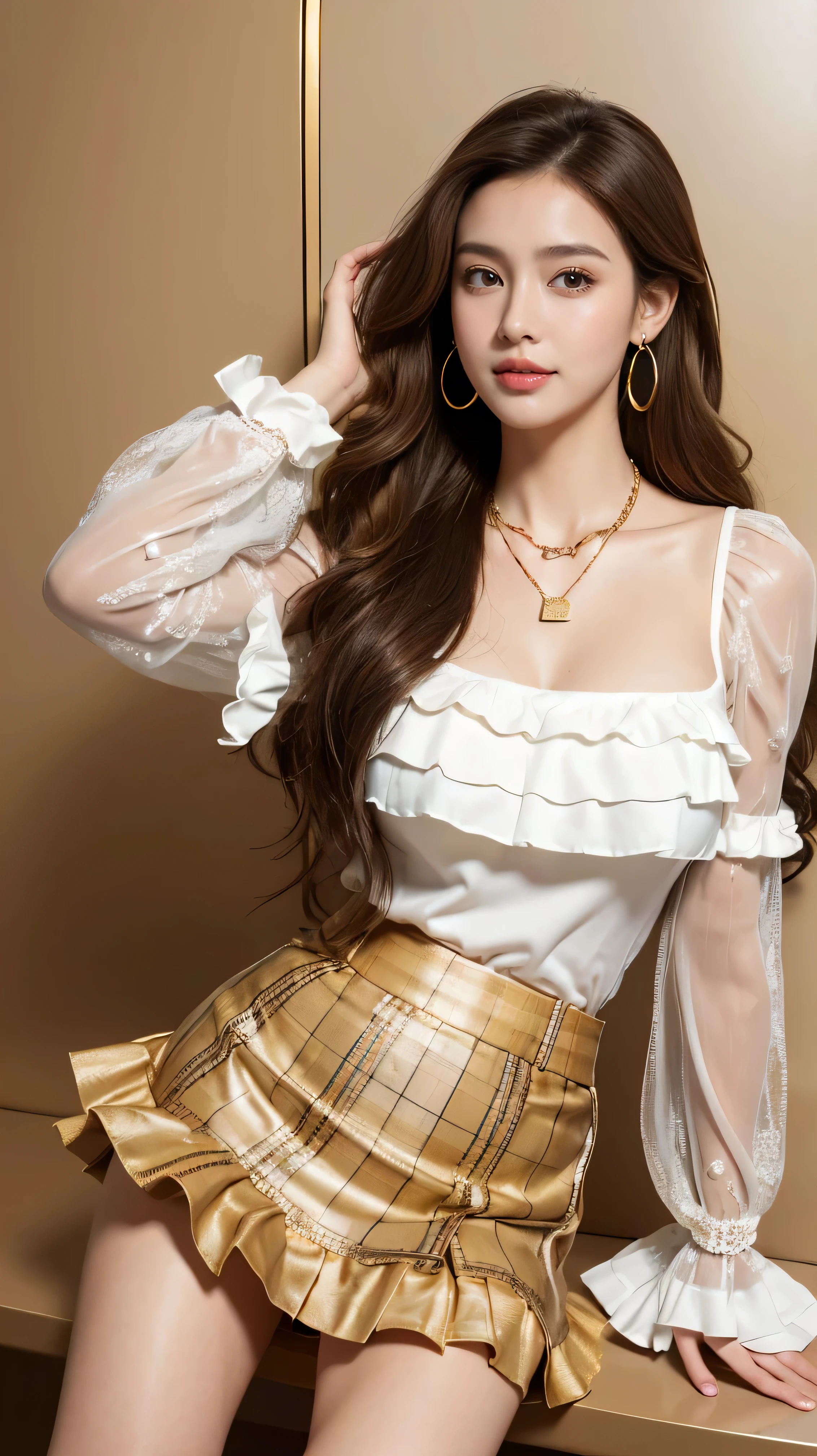 ulzzang -6500-v1.1、(Raw photo:1.2)、(フォトreal)、beautiful details、(real:1.4)、ighly detailed eyes and face、beautiful detailsな目、standing in the office、(超realなパンスト、high heels)、huge file size、High resolution、very detailed、highest quality、[masterpiece:1.6]、illustration、very detailed、nffsw、fine details、highest quality、8K wallpaper、cinematography lighting、1 milf、43 years old、perfect body shape、cute sagging eyes、Pieck finger、((muste piece))、highest quality、1 milf、Portrait、((full body shot:1.4))、(very affectionate smile:1.2)、((brown super long hair:1.2))((loose and wavy hair:1.3))((white collar ruffle blouse_See through sleeves_White miniskirt_Open up to the second button:1.2))((gold necklace_large earrings:1.3)(())