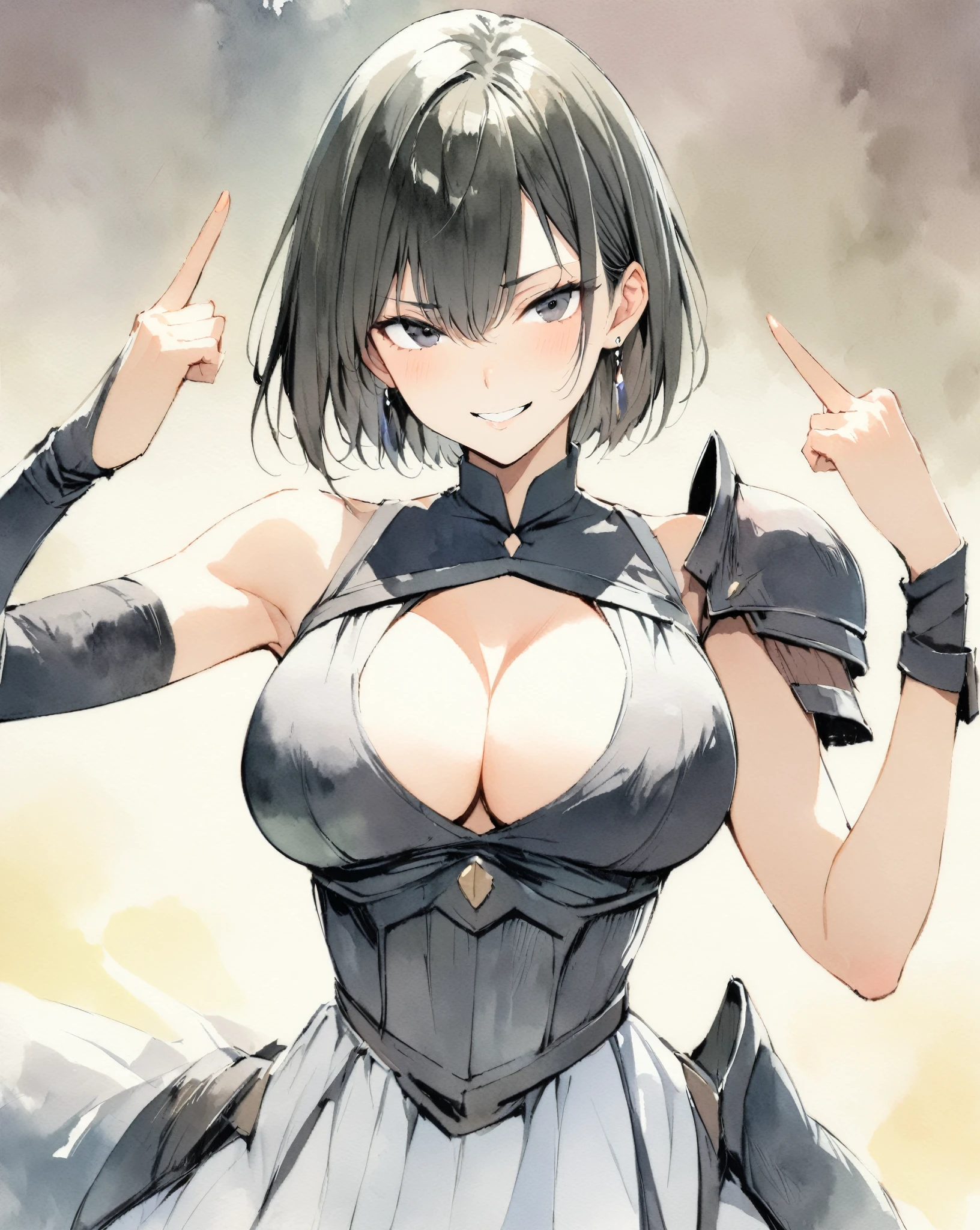 masterpiece, Best quality, watercolor (medium), 1girl, breast, Solitary, short hair, Cleavage, Black and gray hair, Black eyes, earrings, Bangs, jewelry, skirt, Bare shoulders, sleeveless, Hair between the eyes, 单Scapula, looking at the audience, Photo poses, Raise your index and middle fingers, large breast, armor, shoulder armor, sleeveless skirt, Upper Body, Single sleeve, white skirt, Scapula, Devil smile