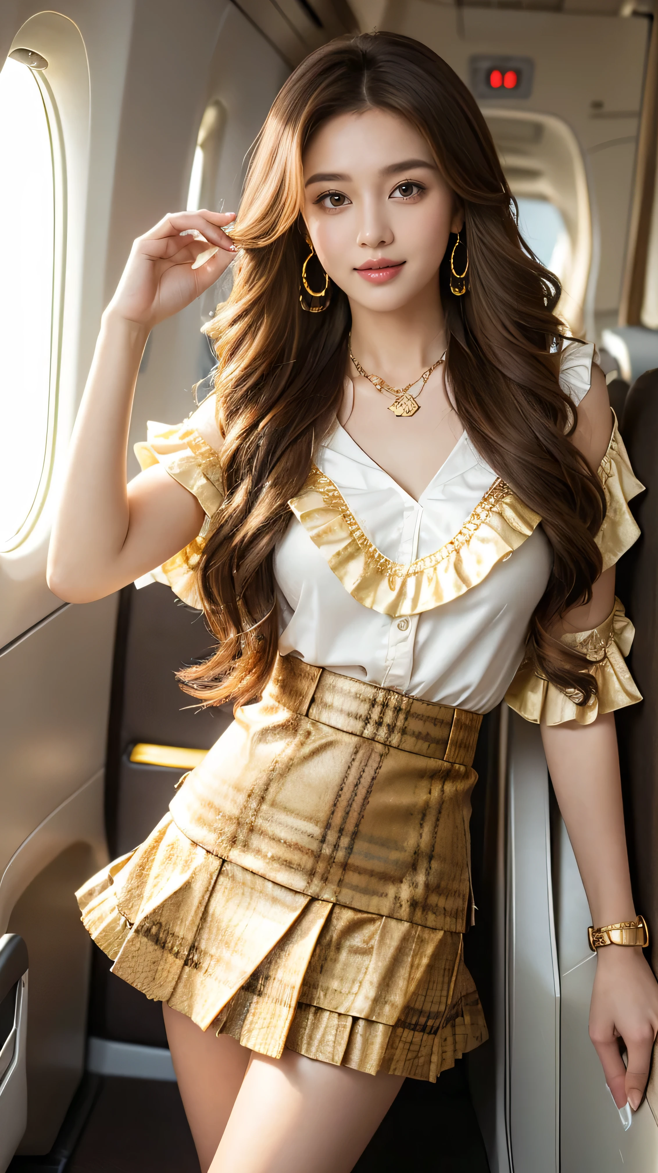 highest quality,masterpiece,Ultra-high resolution,(Actual:1.4),Original photo,Ultra-high resolution，8k，There are women，Fair skin，Exquisite makeup，stewardess uniform,flight attendant uniform,flear miniskirt,white shirt,silk scarf,inside the airplane，High heels，Long legs，Bright and beautiful、shy smile、((Loosely inward wavy hair:1.2)),((Gold Necklace＿Large earrings:1.2)),((Extra long brown hair:1.2))((wearing brown tartan check miniskirt:1.3)),((wearing white ruffle blouse:1.3)),