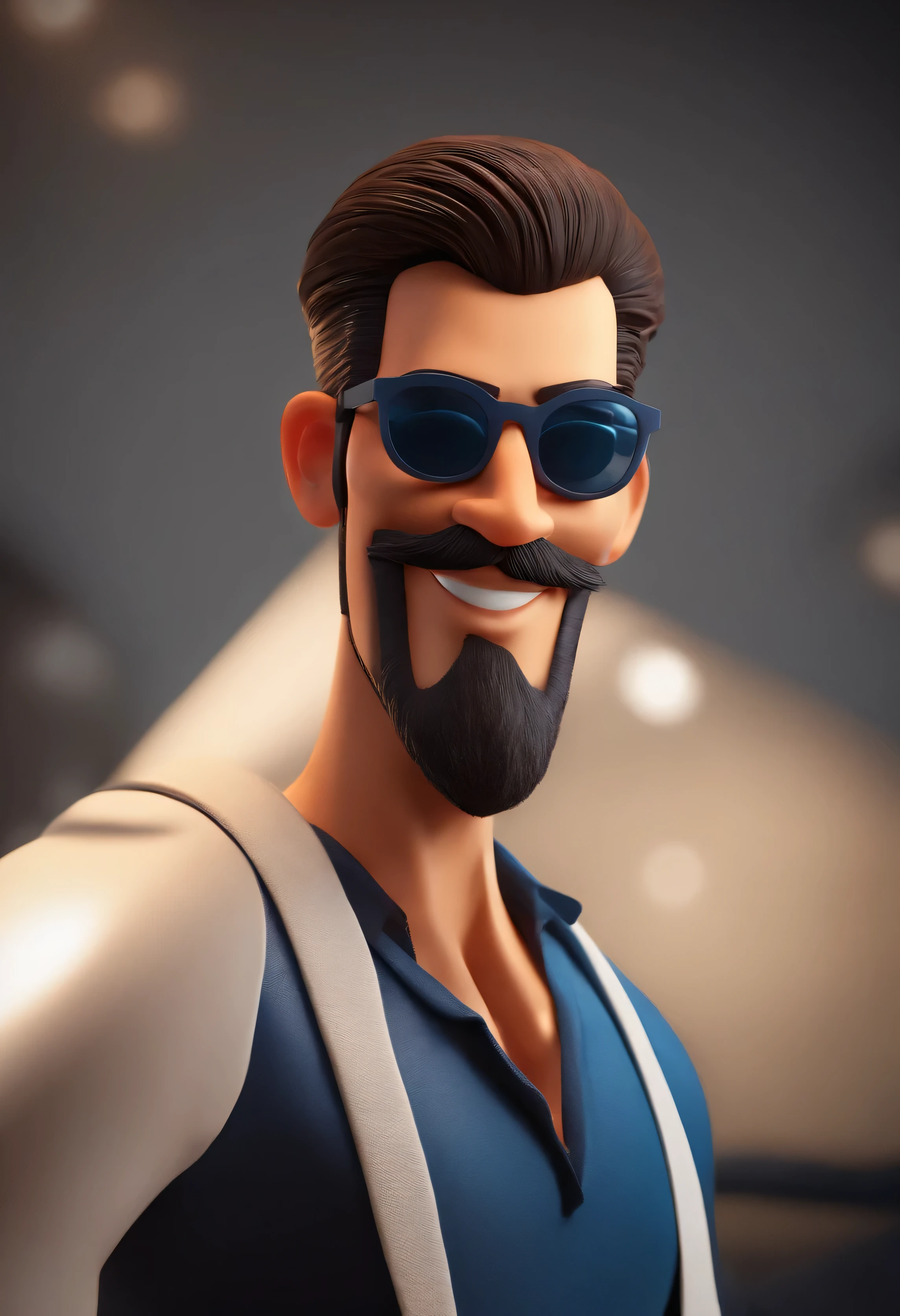 Cartoon character of a man with sunglasses, cabelo preto e grisalhos com barba grande e uma camisa azul, animation character, Caractere estilizado, animation style rendering, 3D estilizado, Arnold Maya rendering, Stylized 3D rendering, toon render screenshot, Personagem 3D, Personagem 3D, Stylized 3D rendering, 3D character rendering, personagem de desenho animado, Personagem de close up, Pose de personagem, (Estilo Pixar) (parte mestre:1.2) (Bokeh) (melhor qualidade) (pele detalhada) (textura detalhada) (8k) (argila) (cinematic lighting) (sharp focus