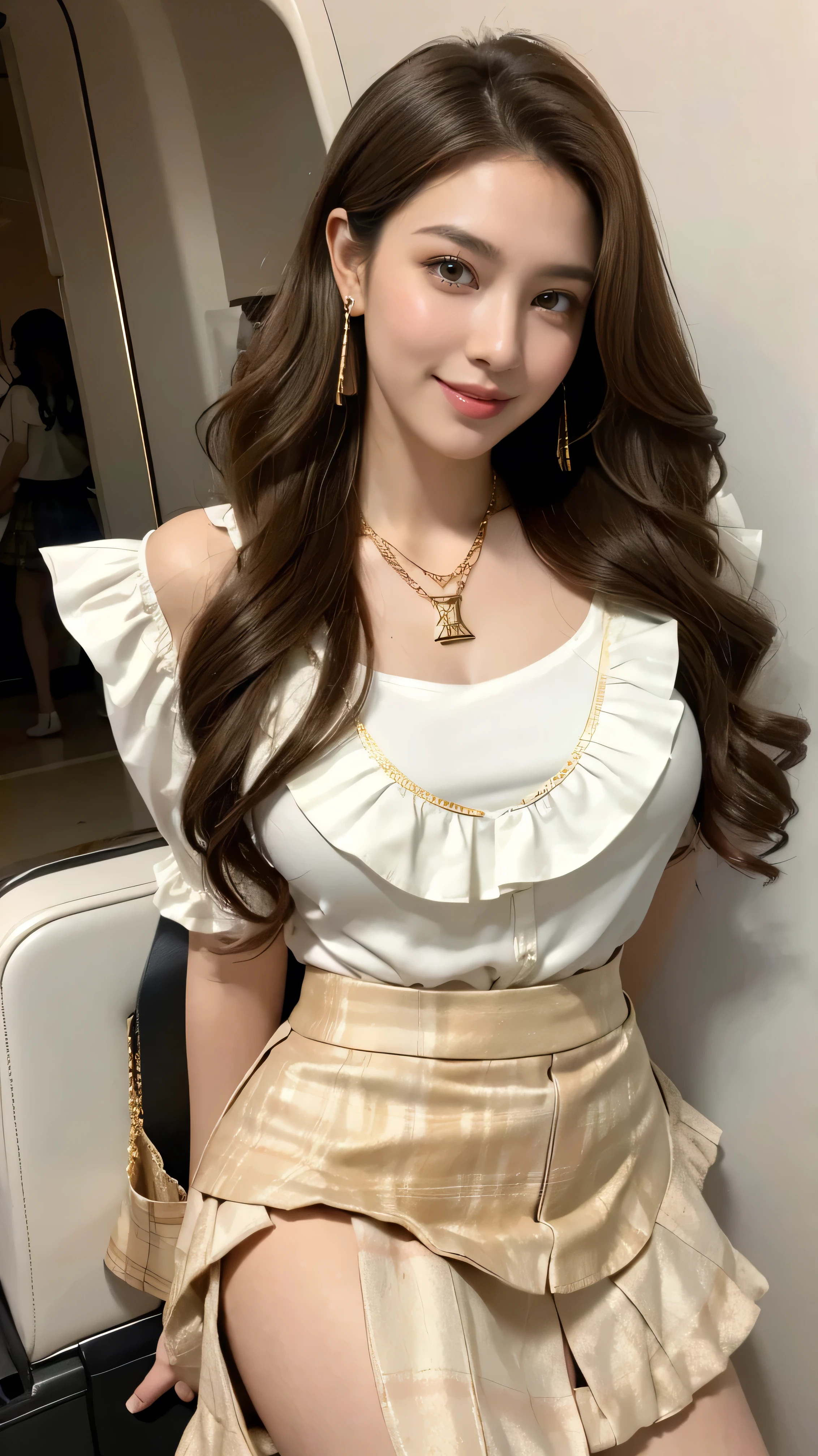 highest quality,masterpiece,Ultra-high resolution,(Actual:1.4),Original photo,Ultra-high resolution，8k，There are women，Fair skin，Exquisite makeup，stewardess uniform,flight attendant uniform,flear miniskirt,white shirt,silk scarf,inside the airplane，High heels，Long legs，Bright and beautiful、shy smile、((Loosely inward wavy hair:1.2)),((Gold Necklace＿Large earrings:1.2)),((Extra long brown hair:1.2))((wearing brown tartan check miniskirt:1.3)),((wearing white ruffle blouse:1.3)),