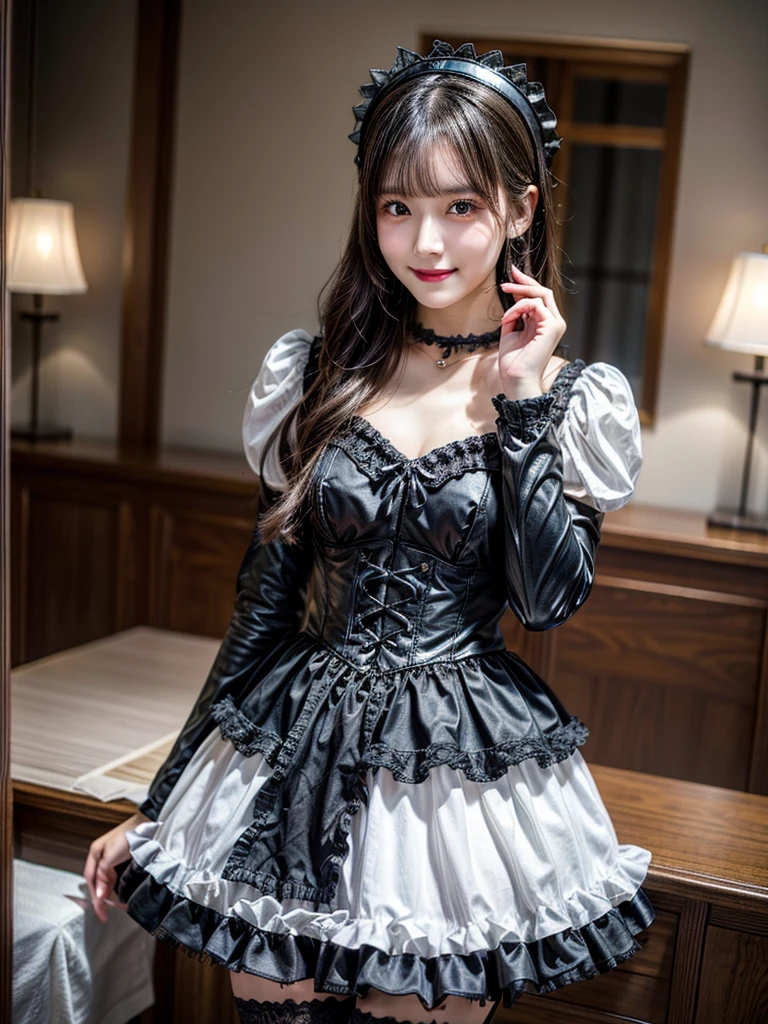 Accurate depiction with high resolution,(8K, Photorealistic, Raw photo, of the highest quality: 1.3), (1girl in), Super beautiful, (Realistic face), (boyish, Silver Color Berry Shorthair), Beautiful , Glare that captivates the viewer, Beautiful expression, Beautiful breasts, (Realistic skin), Be...Super high quality, super high definition, super detailed, masterpiece, 20years old, female, cute, perfect face, beautiful, nice body, gothic lolita clothes, gothic lolita fashion, frilly skirt, headdress, necklace, bracelet, knee-high socks, boots, double eyelids, tear bags, Detailed down to the fingers, photo-like description, indoors, dim indoor lighting, black hair, semi long, standing, whole body, composition that shows the whole body, smiling