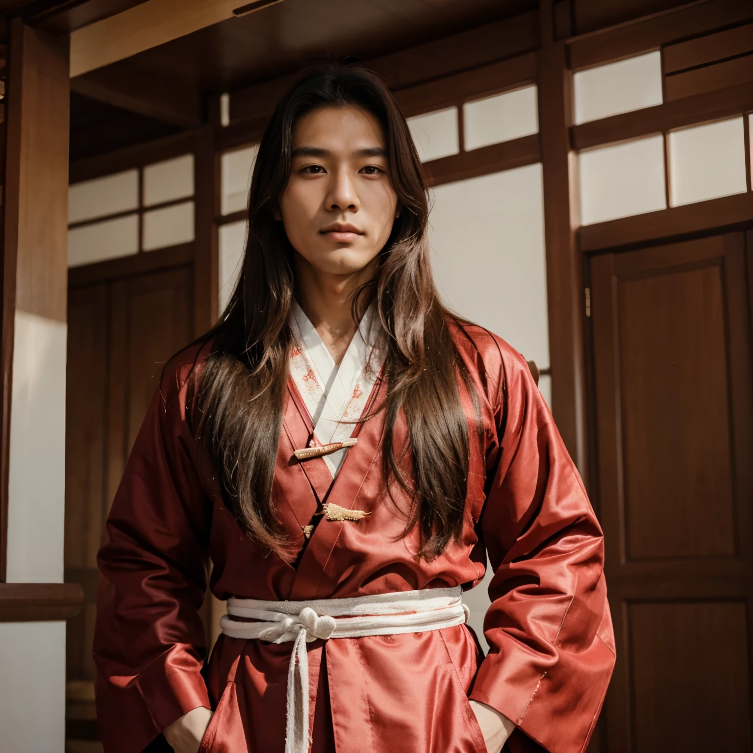 Handsome long haired korean man wearing red traditional korean garment attire