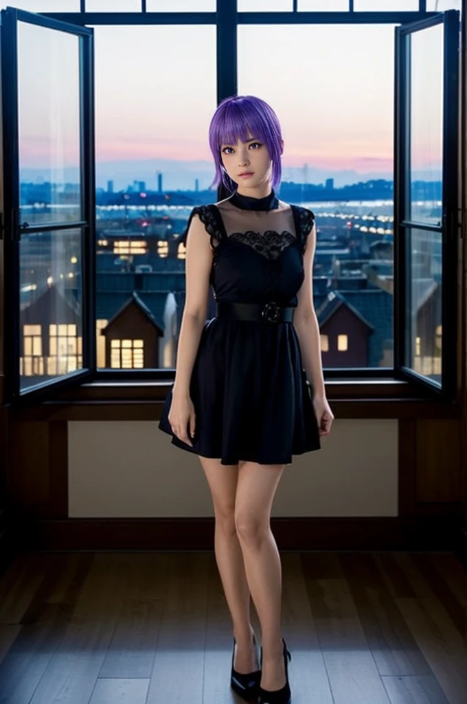 AYANE, purple hair, (melhor qualidade,ultra-detalhado,Realista:1.37), lindo rosto detalhado,Simetria perfeita,corpo perfeitamente modelado,Maquiagem perfeita,cores vivas,studio lighting
