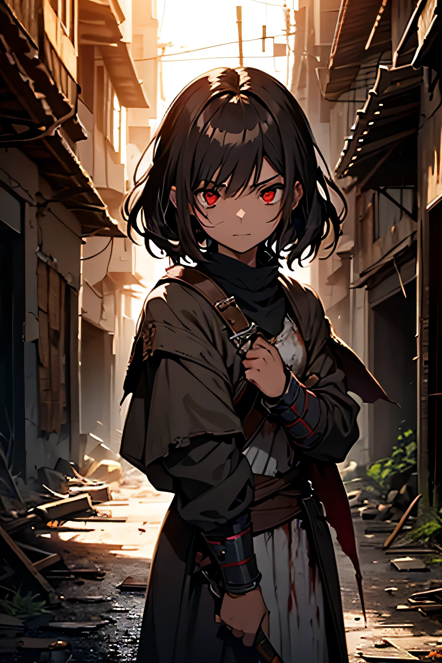 A picture of a young girl with dark hair, red eyes, wearing tattered clothes like a in the slums. Holding an old dagger, preparing to fight His body was covered in wounds and covered in blood. and everything will be like the ancient days of the knightly era. then there is no background