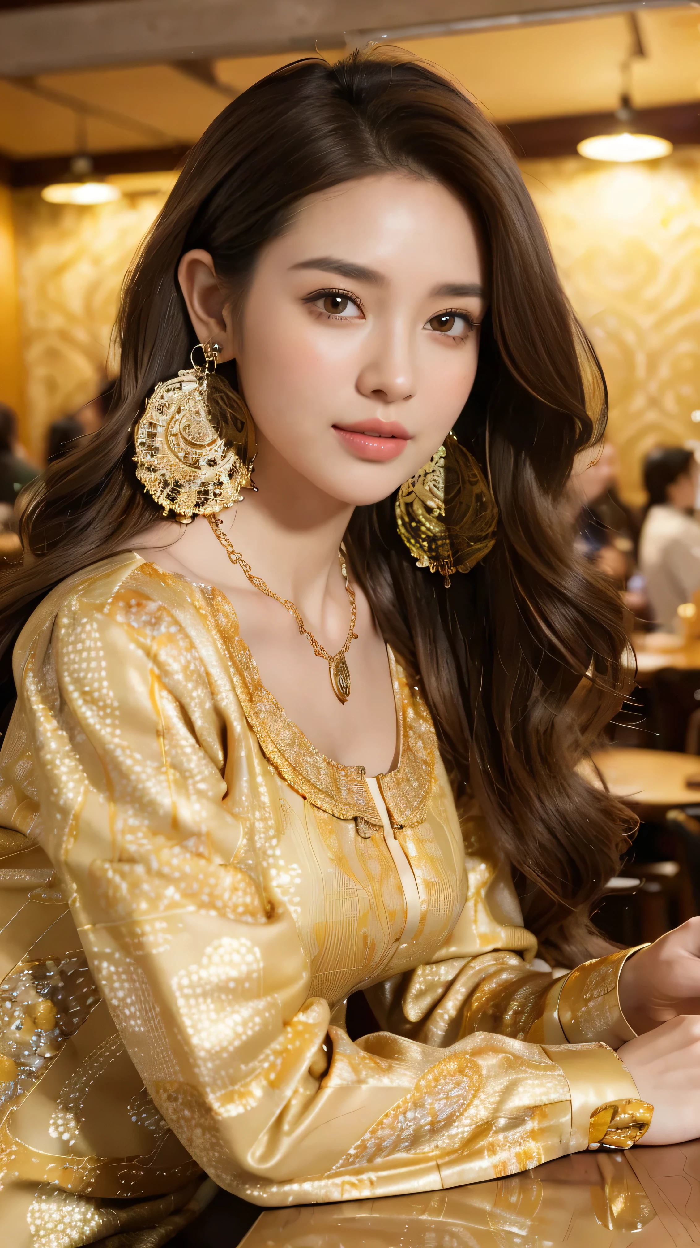 highest quality,masterpiece,Ultra-high resolution,(Actual:1.4),Original photo,Ultra-high resolution,8k,There are women,Fair skin,Exquisite makeup,High heels,Long legs,Bright and beautiful、shy smile、((Loosely inward wavy hair:1.2)),((Gold Necklace_Large earrings:1.2)),((Extra long brown hair:1.2))((wearing intricately patterned shirt mini dress:1.3)),((In a crowded café at dusk:1.3))