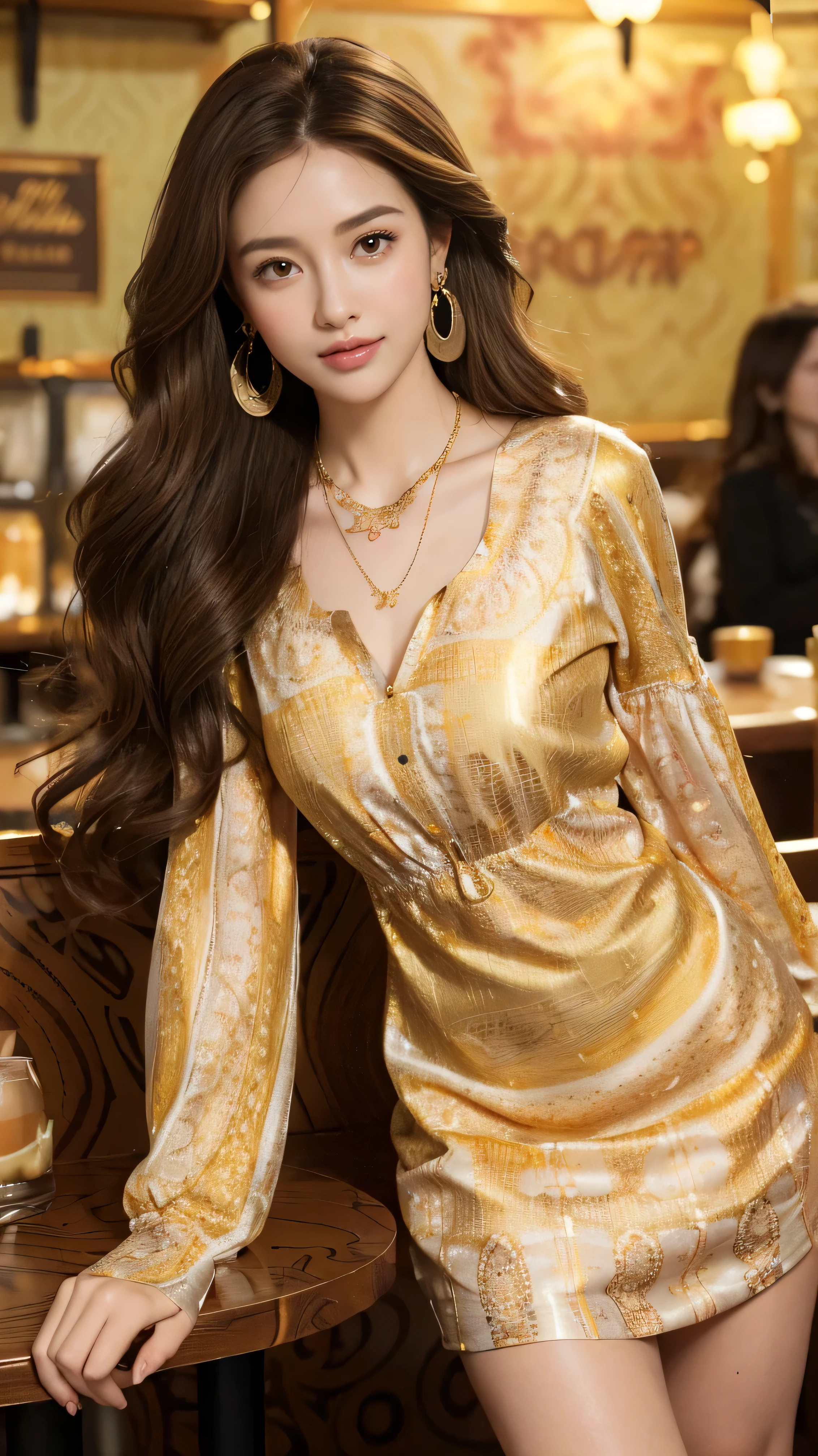 highest quality,masterpiece,Ultra-high resolution,(Actual:1.4),Original photo,Ultra-high resolution，8k，There are women，Fair skin，Exquisite makeup，High heels，Long legs，Bright and beautiful、shy smile、((Loosely inward wavy hair:1.2)),((Gold Necklace＿Large earrings:1.2)),((Extra long brown hair:1.2))((wearing intricately patterned shirt mini dress:1.3)),((In a crowded café at dusk:1.3))
