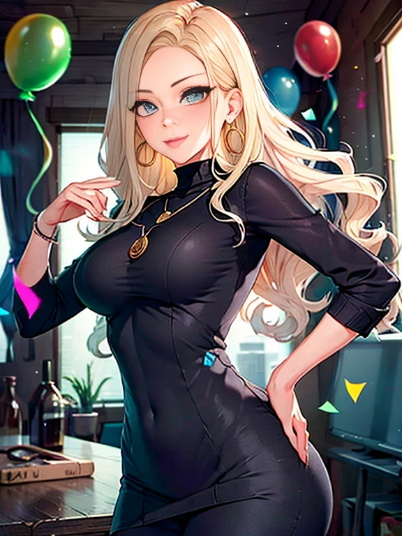 (masterpiece, best quality, high resolution, 8k), cowboy shot, BREAK, girl style anime, well defined eyes, high definition eyes, perfect body, perfect anatomy, eyelashes and black shadow under the eyes, detailed, round eyes with eyelashes and highlighted eye shadow, BREAK, alluring eyes , beautiful face , crystal green ligth eyes , long hair , jinx hair, women (medium wavy hair, bangs, Blonde hair)), ((detailed face, blush:1.2)), medium breasts, angle dynamic, perfect body, ((red turtleneck sweater、brwon Tight dress pants, cute necklace、earrings、)), top grade、Shy smile, ((((dancing among a lot people)))) at a house party with colorful balloons and confetti and people.
