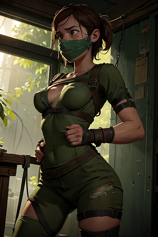 The last of us Ellie's hands are tied behind her back, her breasts are exposed, she is completely naked, only a piece of duct tape surrounds only her mouth, gagging her, her eyes are green. She's totally in bondage