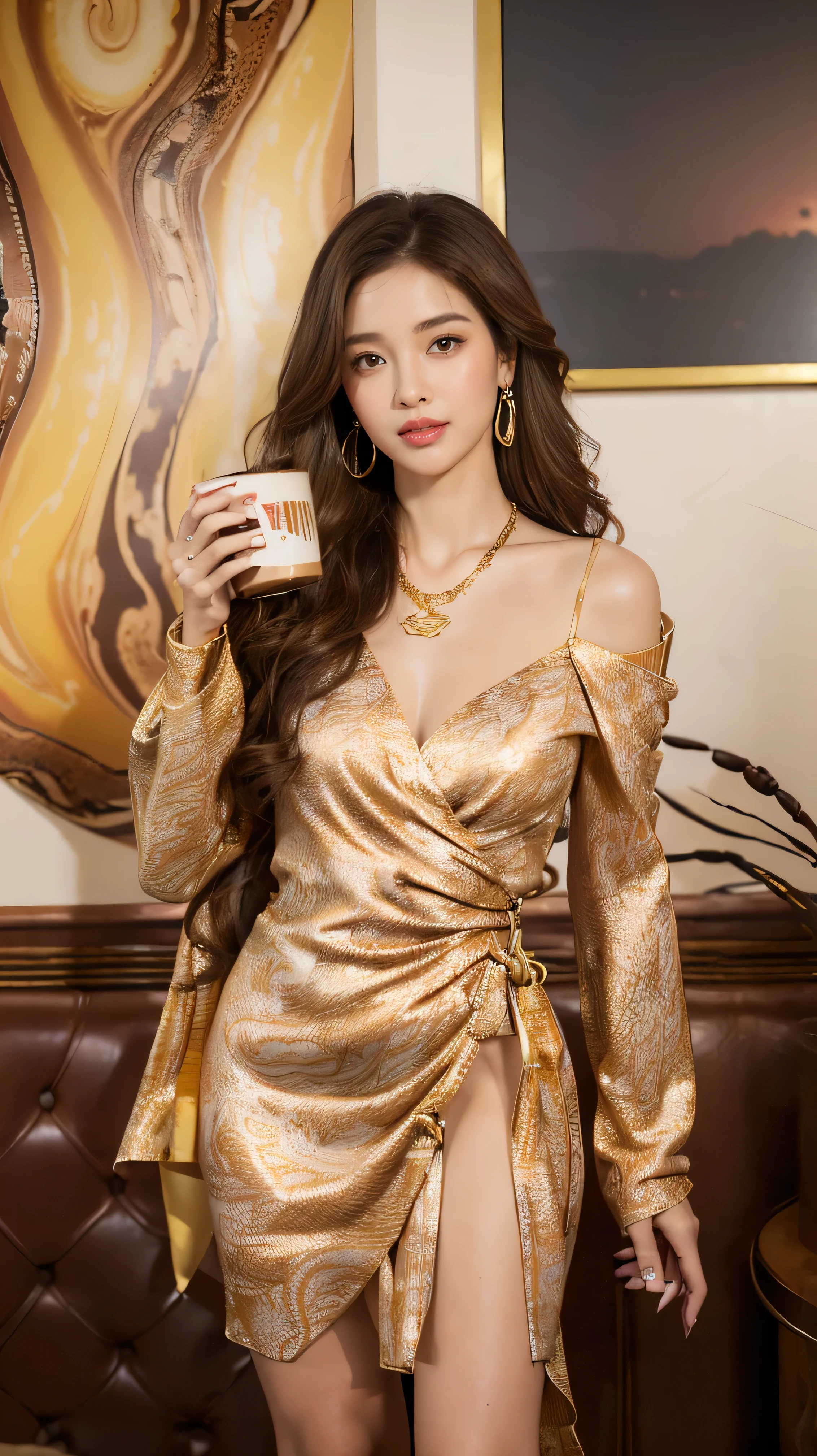 highest quality,masterpiece,Ultra-high resolution,(Actual:1.4),Original photo,Ultra-high resolution,8k,There are women,Fair skin,Exquisite makeup,High heels,Long legs,Bright and beautiful、shy smile、((Loosely inward wavy hair:1.2)),((Gold Necklace_Large earrings:1.2)),((Extra long brown hair:1.2))((wearing abstract printed mini dresses_long sleeve_wrap dress:1.3)),((In a crowded café at dusk:1.3))((Holding warm coffee in her hand:1.4)) full figure supermodel standing, entire body in frame、