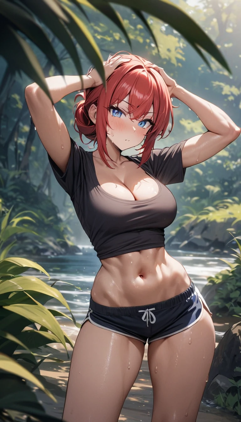 Best quality, 1 girl, cleavage, blue eyes, red hair, standing, looking at the viewer, hands on head, mini shorts, t-shirt, toned belly, sweat, nature, light skin, pose for photo.