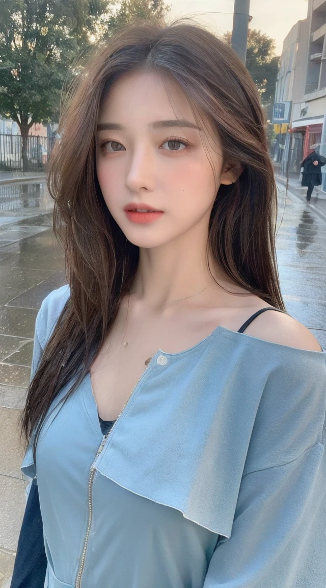 ((best quality, 8k, masterpiece:1.3)), Key Points: 1.2, Perfect body beauty: 1.4, Hips: 1.2, ((Layered Hairstyle, Chest: 1.2)), (Wet clothes: 1.1) , (rain, street:1.3), Tube Top Dress: 1.1, Highly detailed face and skin texture, Exquisite eyes, Double eyelids, Whitening of the skin, Long hair