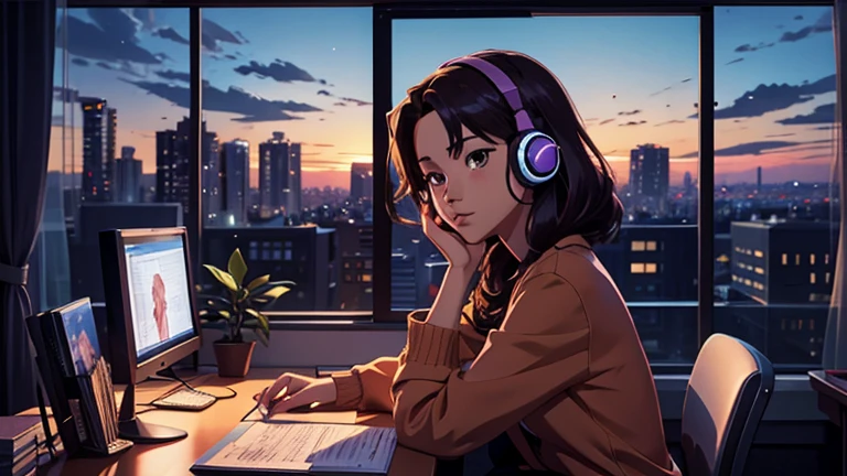 anime style, night time, home office, windows, city view, centered in the image, straight, front facing camera, 22 year old girl sitting at the desk listening to music