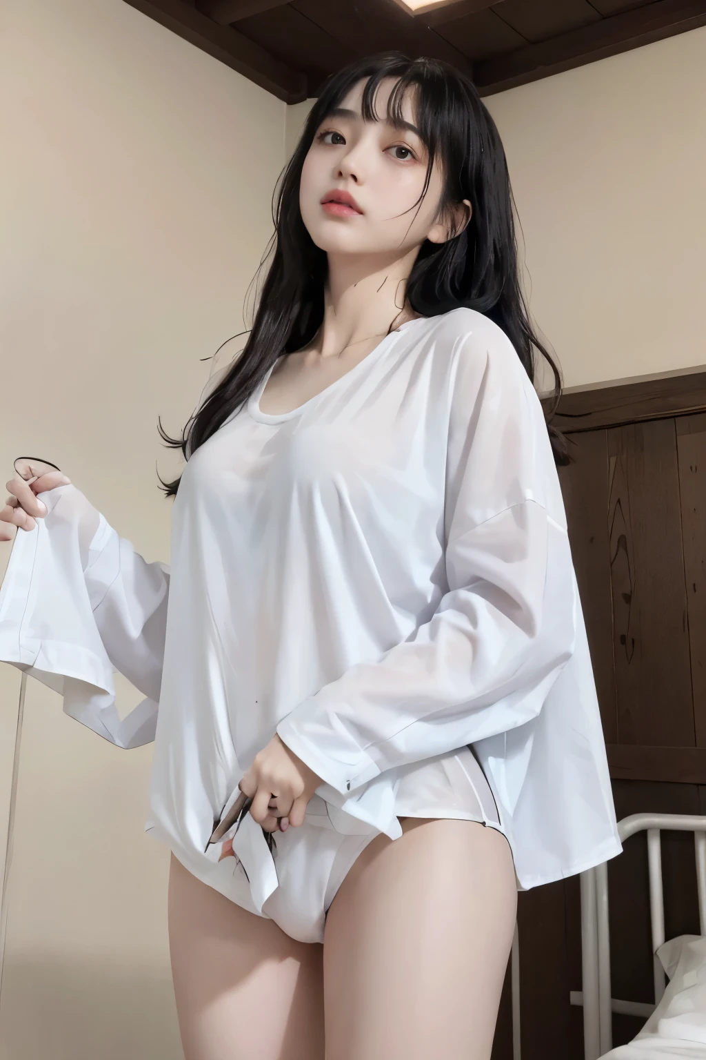 Masterpiece、highest quality、Woman 1、Super detailed、A woman looking up from directly below Black Hair、Long Hair、Blunt bangs wet hair Wet shirt、over size white shirt、Long shirt shirt lift、Lift the shirt yourself、Lift the shirt up、Shirt over swimsuit Soft thighs ceiling