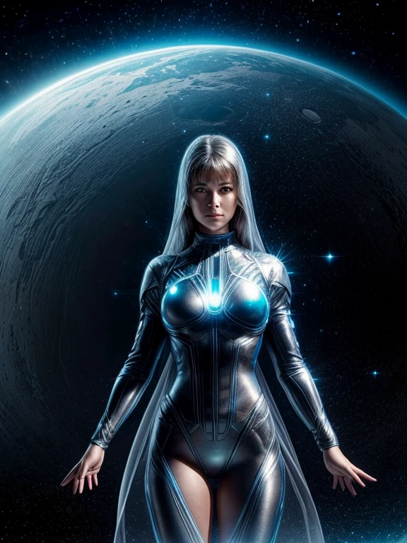 In dark space with only a few stars, breathtaking (masterpiece:1.1),(highest quality:1.1),(HDR:1), a woman made of silvery liquid metal holds an atom levitating between her perfect hands, ((perfect hands)), the light of the atom reflects on her metal skin, her eyes are electric blue, ((the woman is levitating, no ground under her feet, she stands straight)), she look at the atom, his area is serious and responsible, the atom is made up of a spherical nucleus enclosed in a large transparent glass sphere and 3 electron orbits are represented symmetrically, the woman’s hands are parallel to each other, Longues jambes d'une beauté sublime,grosse poitrine, abdominaux légèrement dessinés
