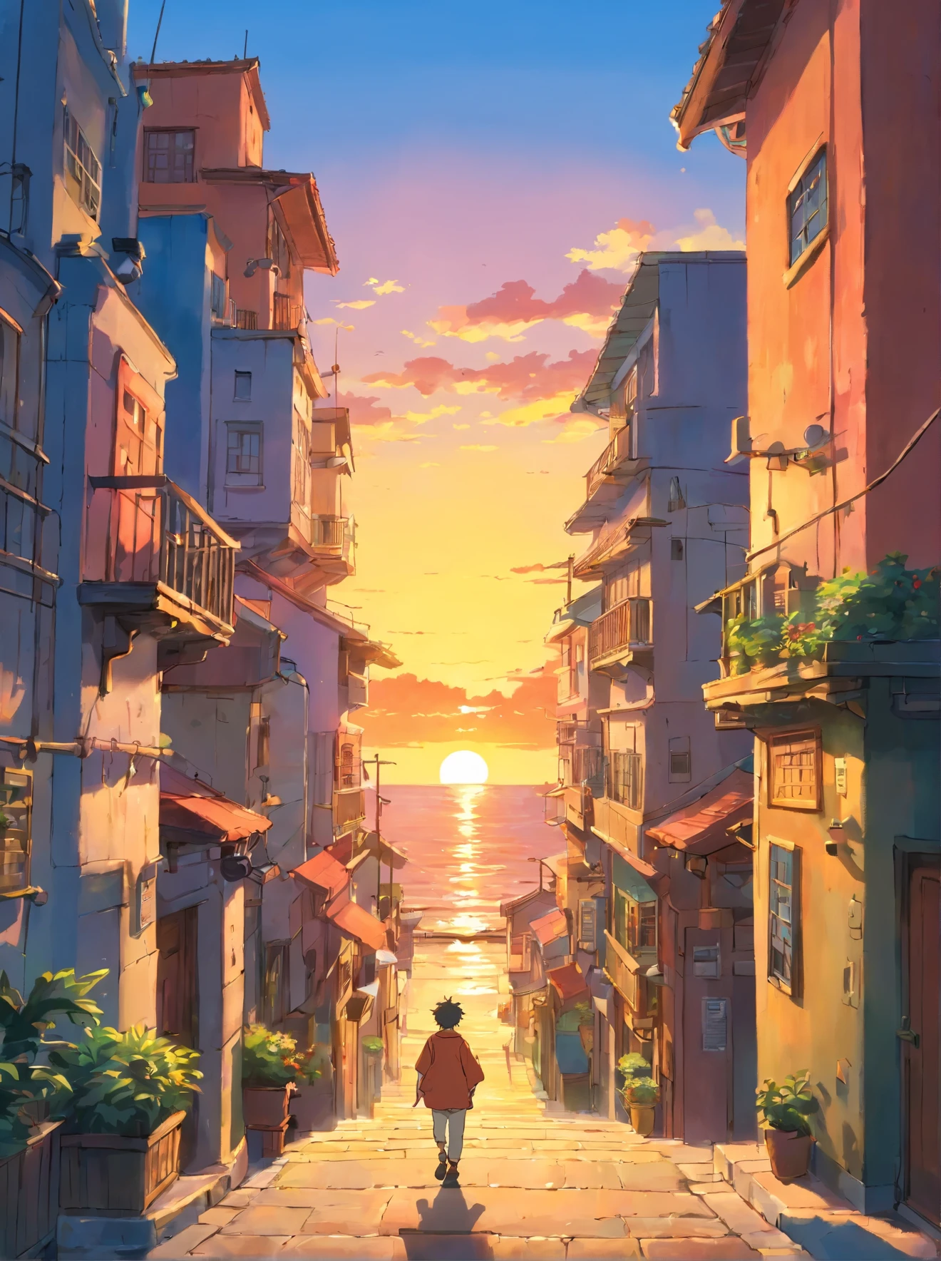 Coastal image of a man walking through the city in the background buildings and the sun setting between the buildings, Man's view of the sunset walking towards the horizon