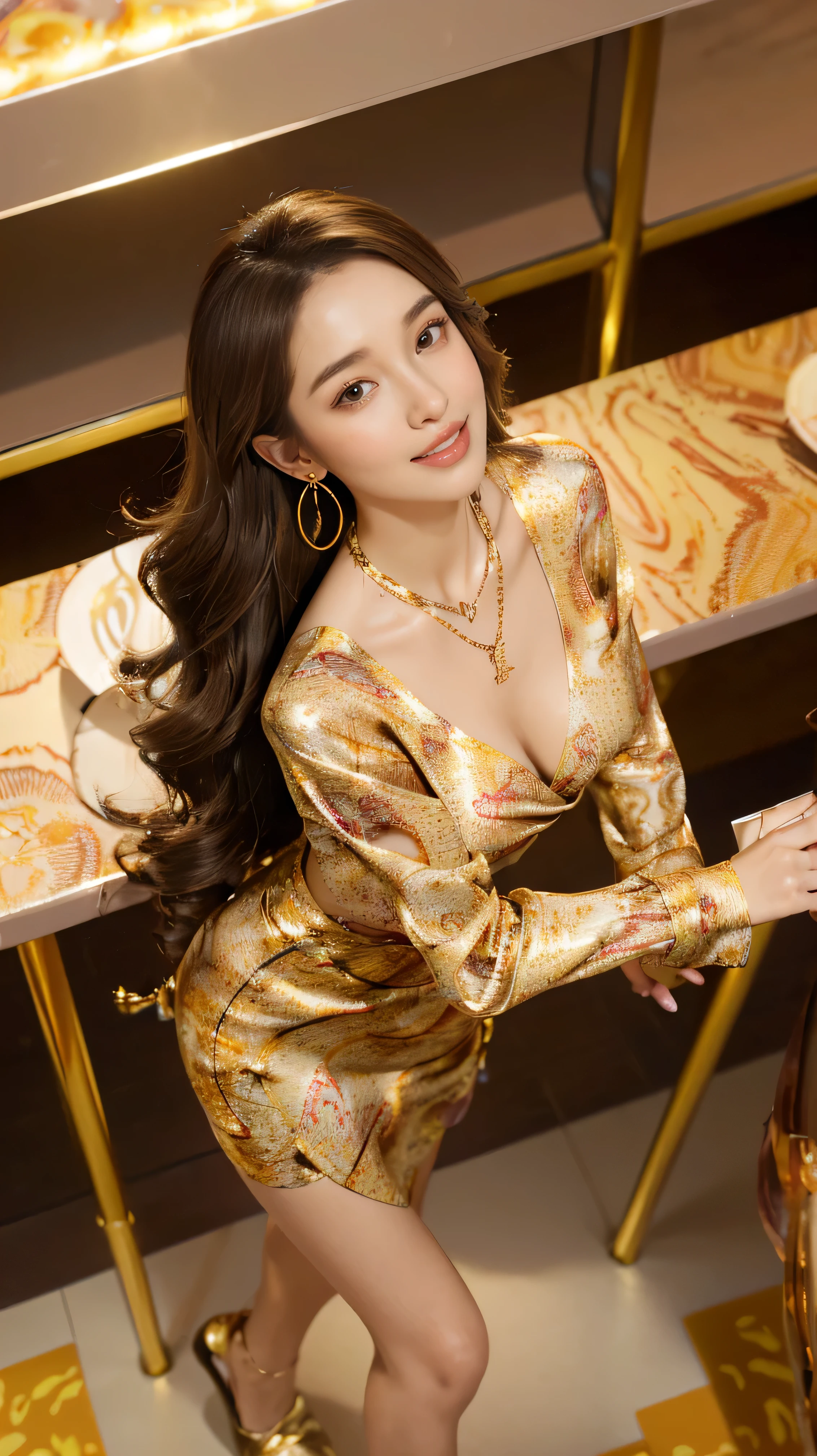 highest quality,masterpiece,Ultra-high resolution,(Actual:1.4),Original photo,Ultra-high resolution，8k，There are women，Fair skin，Exquisite makeup，High heels，Long legs，Bright and beautiful、shy smile、((Loosely inward wavy hair:1.2)),((Gold Necklace＿Large earrings:1.2)),((Extra long brown hair:1.2))((wearing abstract printed mini dresses_long sleeve_wrap dress:1.3)),((In a crowded café at dusk:1.3))、 full figure supermodel standing, entire body in frame、((From an oblique angle above:1.5)),