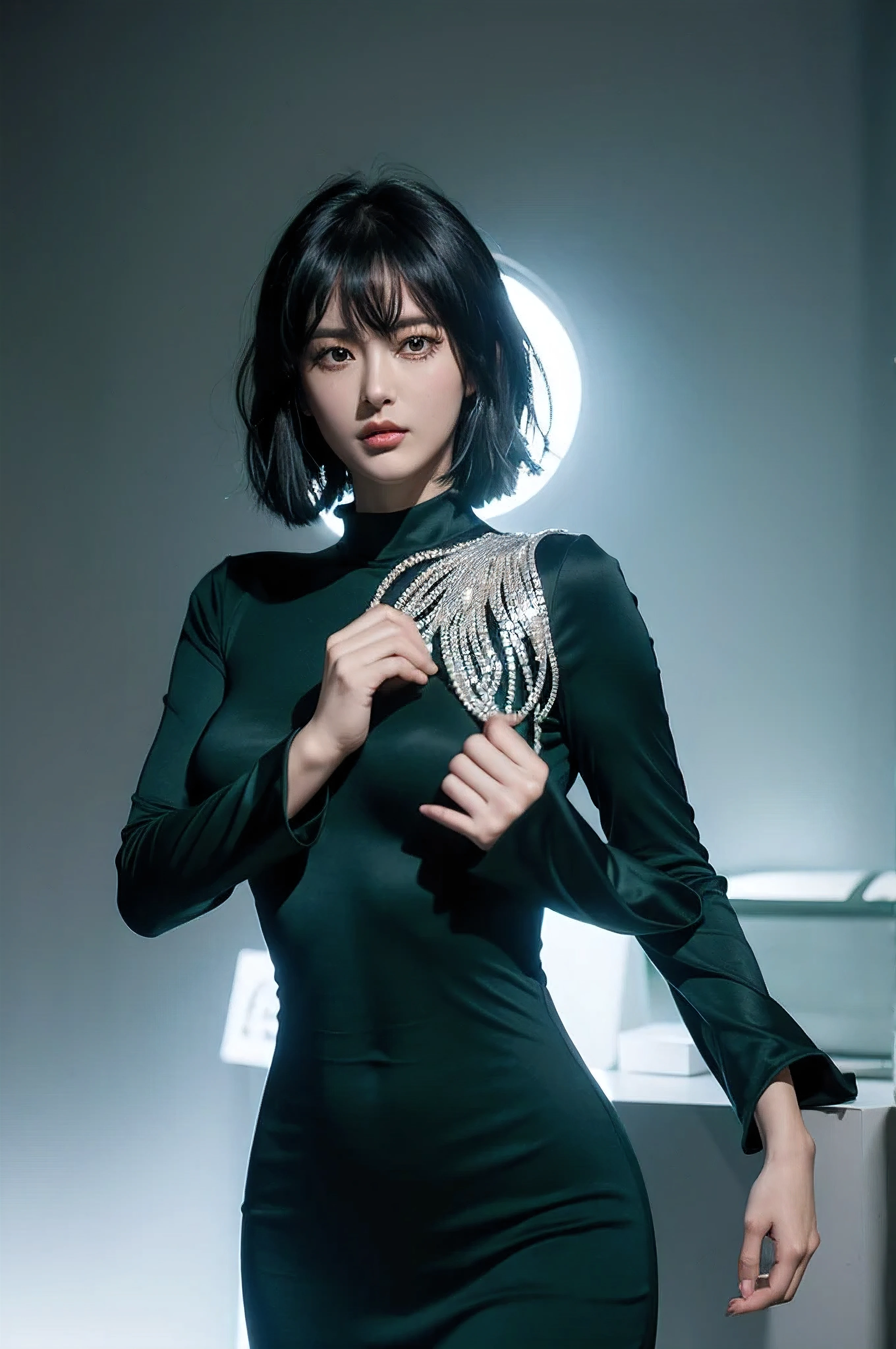 fubuki,,fubuki (One Punch Man),1 girl,big breasts、Green Long Dress,collar、long sleeve、pearl necklace、Beauty、long sleeve、collar、beautiful woman、beautiful face