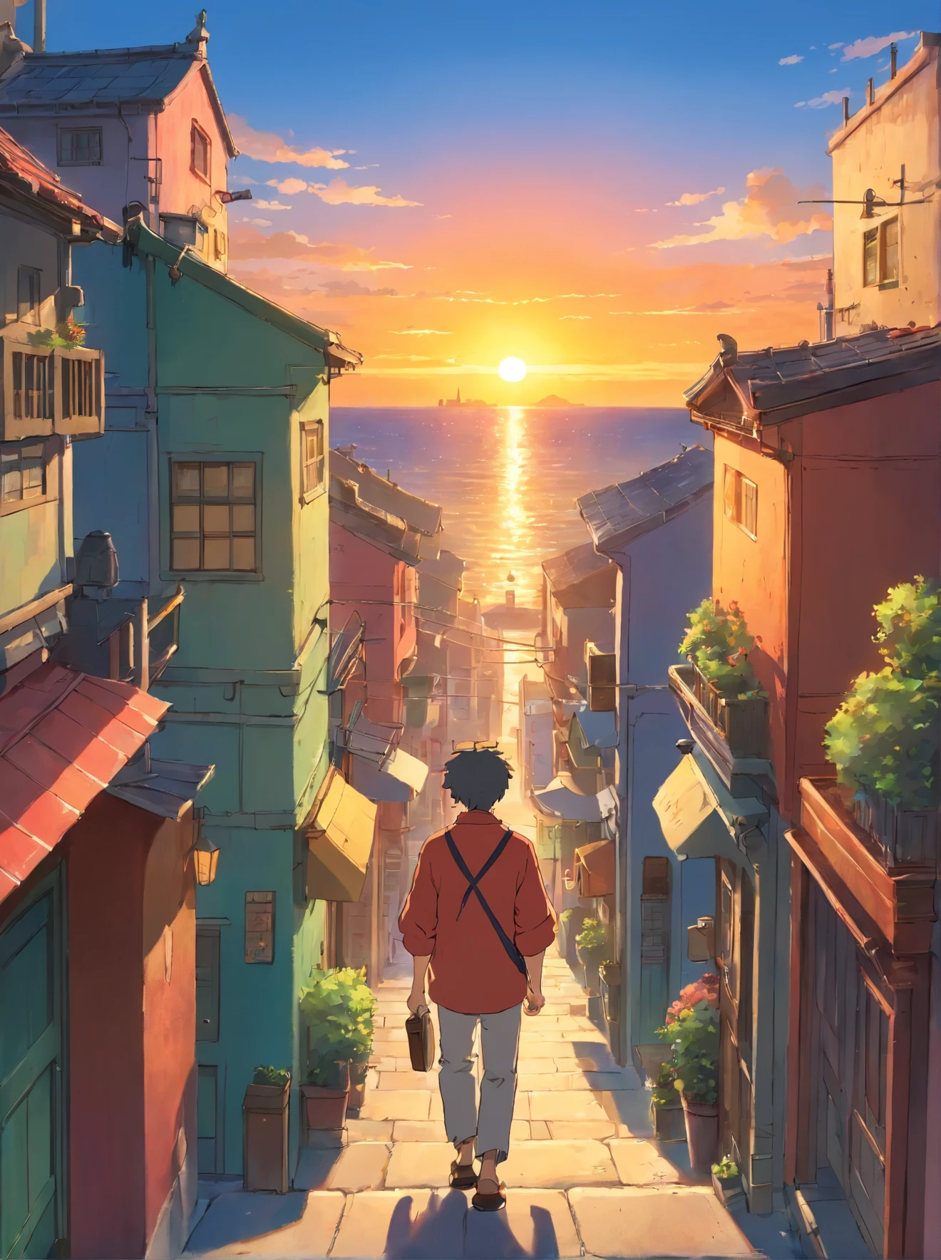 Coastal image of a man walking through the city in the background buildings and the sun setting between the buildings, Man's view of the sunset walking towards the horizon
