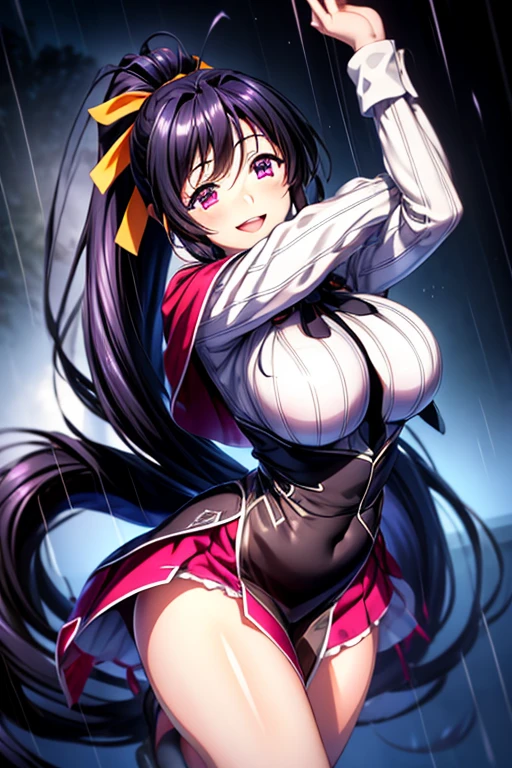 best quality, masterpiece, 1girl, (solo:1.1), raytracing, ultra detailed,detailed face, 8k wallpaper, wide hips, smile, HimejimaAkenoNDV, 1girl, black hair, large breasts,  very long hair, purple eyes, red skirt, , shirt, corset, ponytail, hair ribbon, ribbon, outdoor, BREAK, dancing under the rain, wet clothes, in dynamic pose, black panties